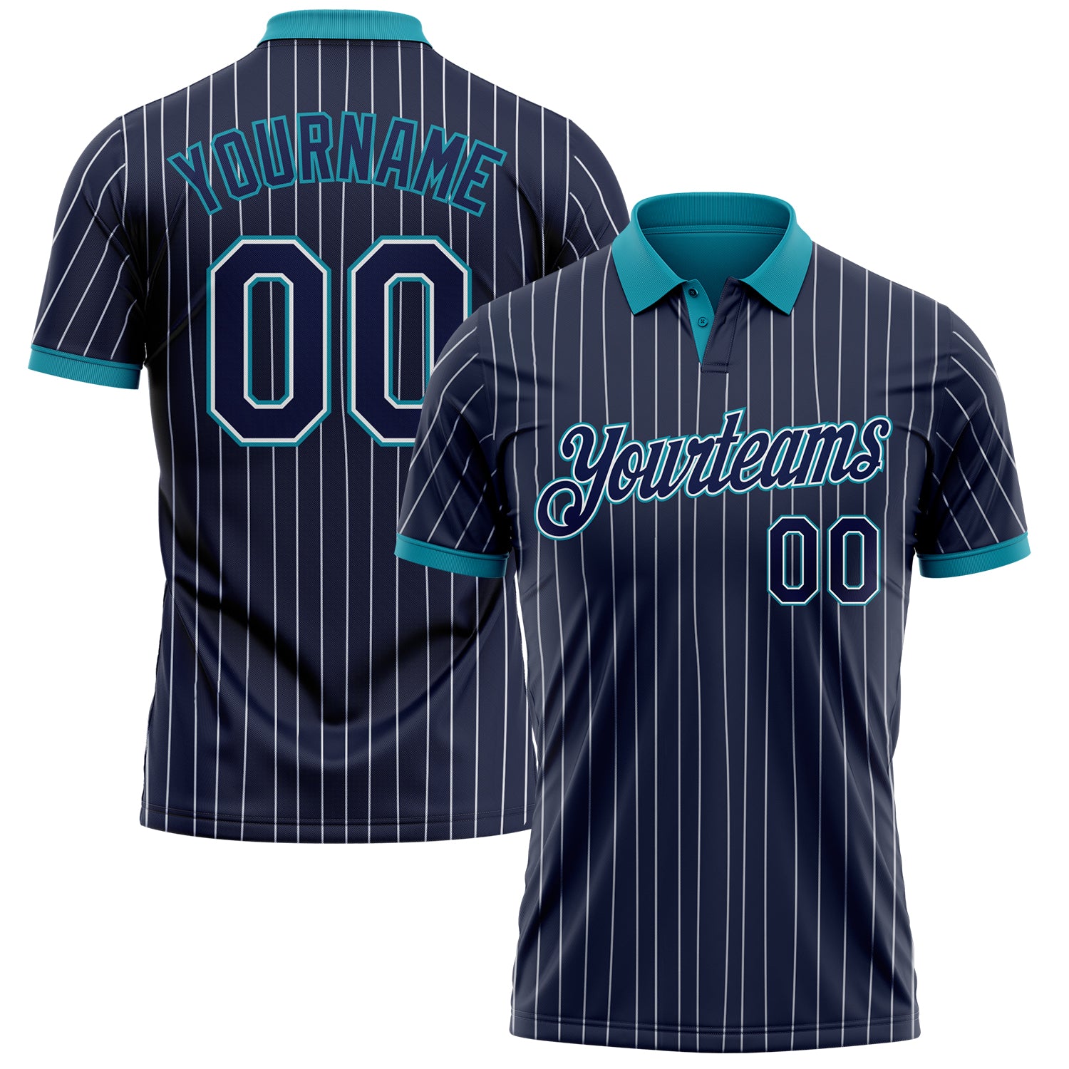 Custom Navy White Pinstripe-Teal Performance Polo Shirt