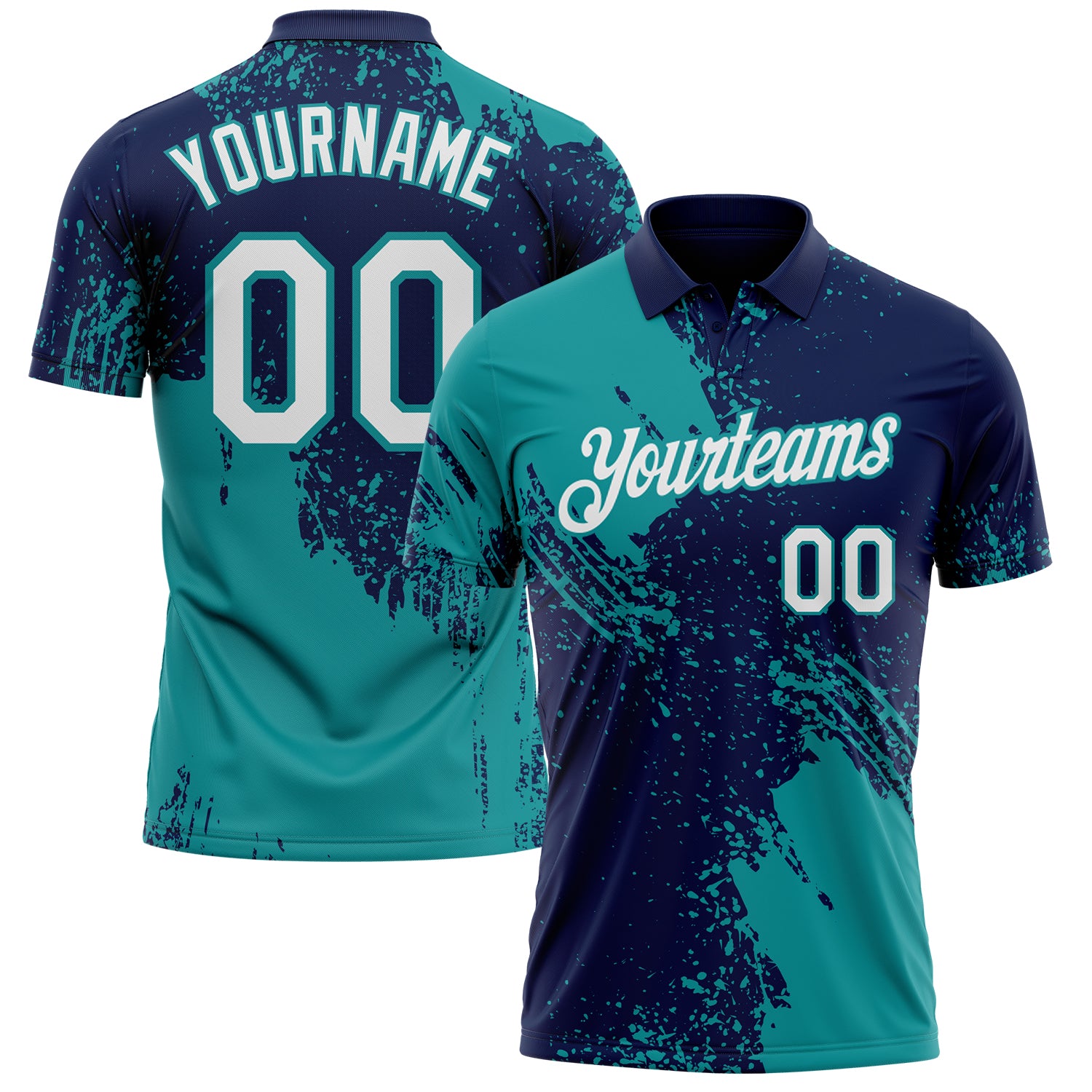 Custom Navy White-Teal Distressed Scratch Brush Stroke Performance Polo Shirt