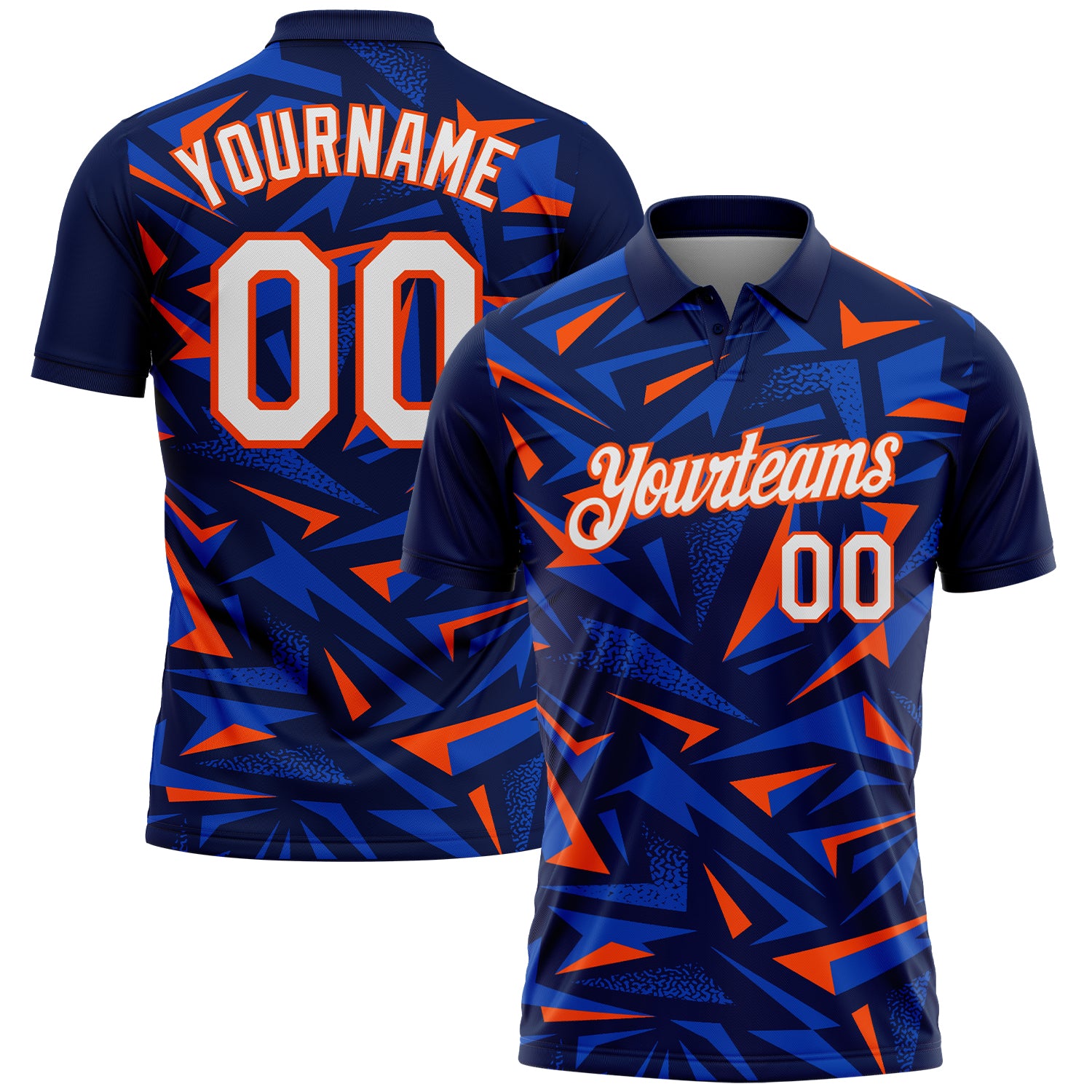 Custom Navy White Thunder Blue-Orange Cyber Mecha E-sport Geometric Shards Spike Performance Polo Shirt