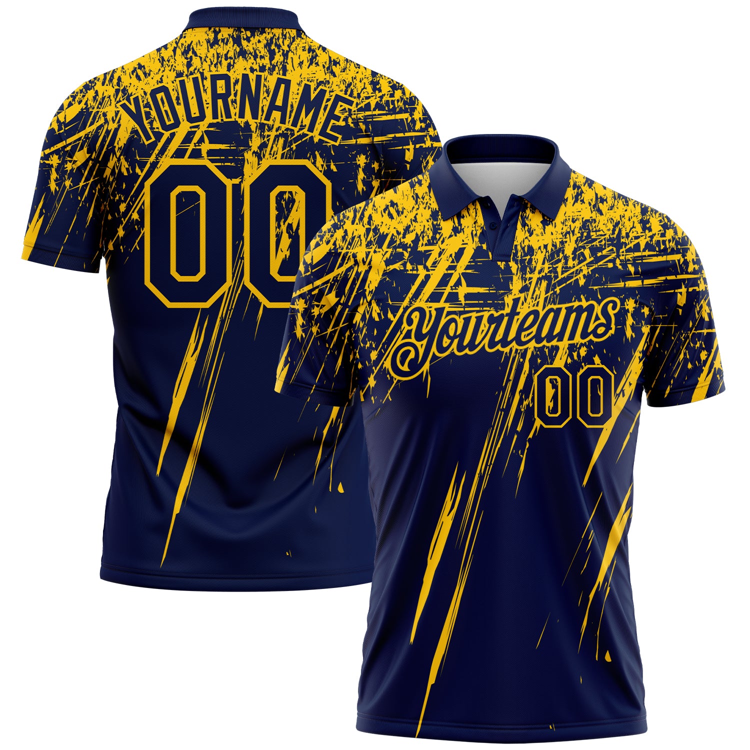Custom Navy-Yellow Distressed Scratch Brush Stroke Performance Polo Shirt