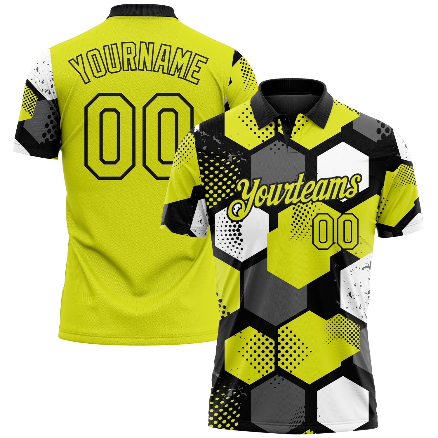 Custom Neon Yellow Black Gray-White Modern Geometric Tech Hexagon Grid Performance Polo Shirt