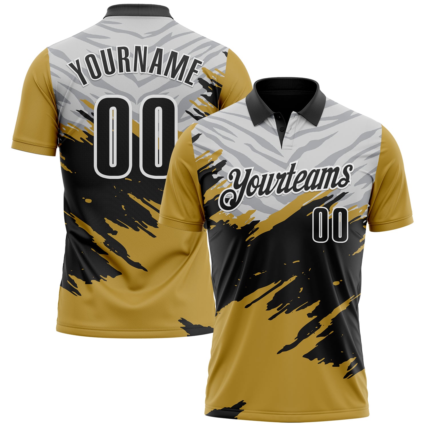 Custom Old Gold Black Gray-White 3D Pattern Design Splash Performance Polo Shirt