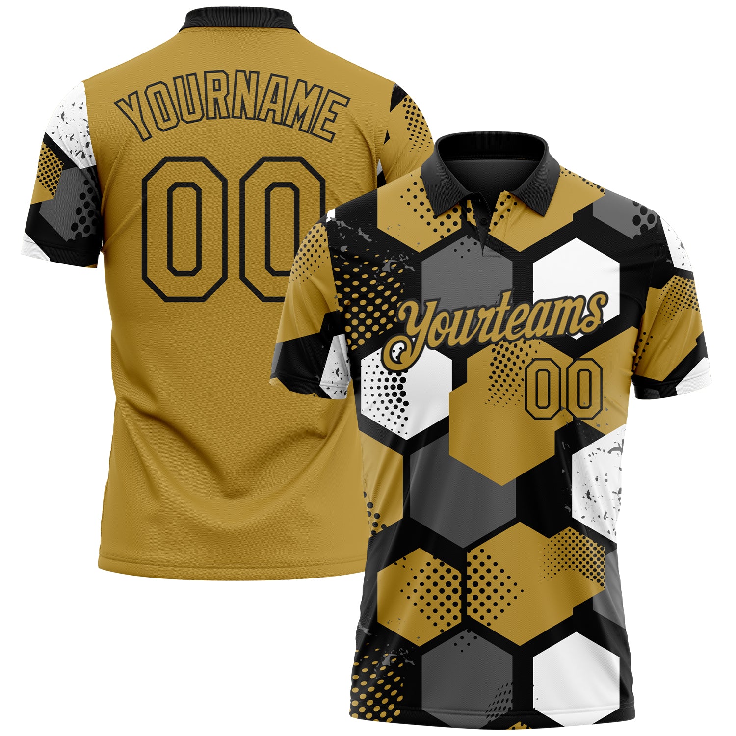 Custom Old Gold Black Gray-White Modern Geometric Tech Hexagon Grid Performance Polo Shirt