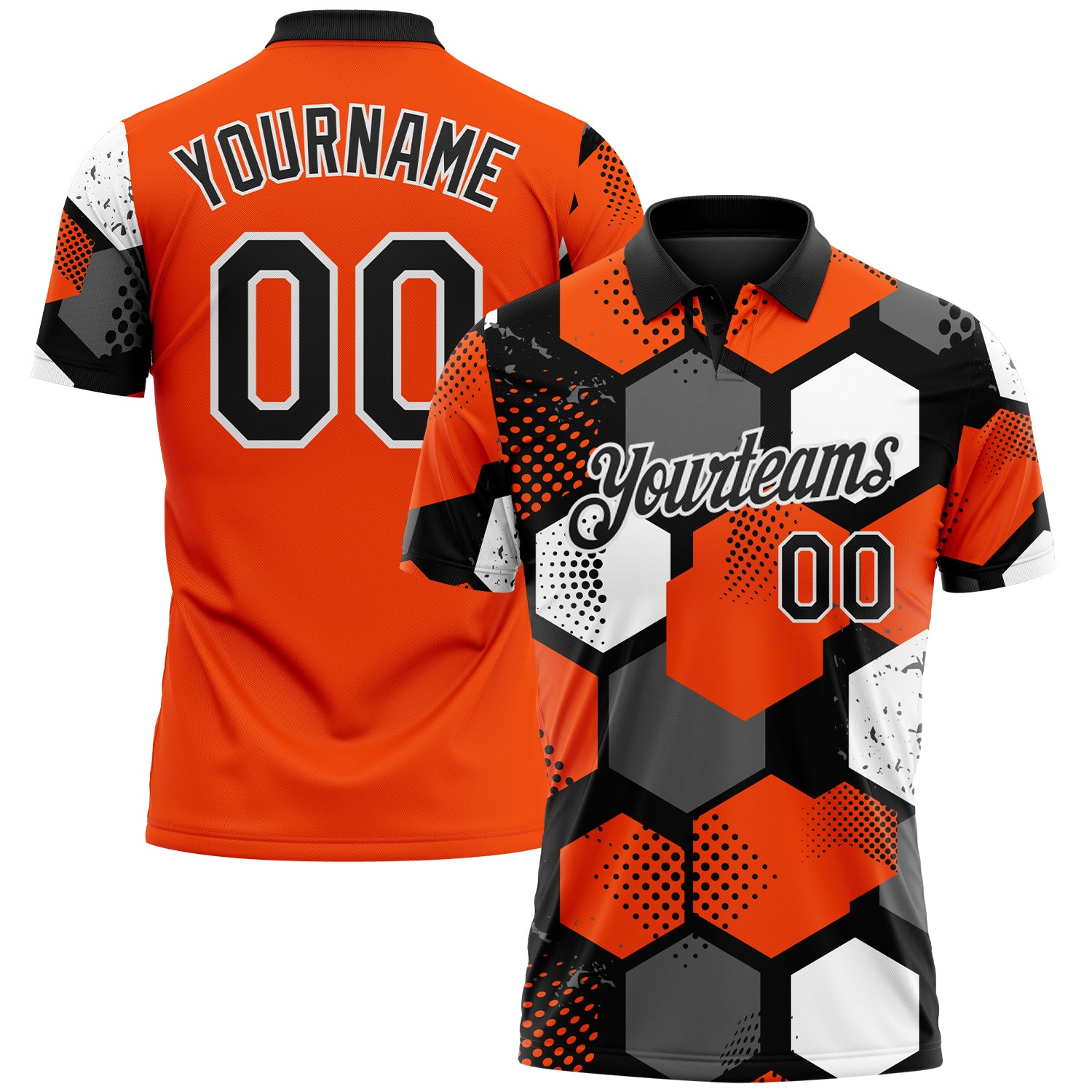 Custom Orange Black Gray-White Modern Geometric Tech Hexagon Grid Performance Polo Shirt