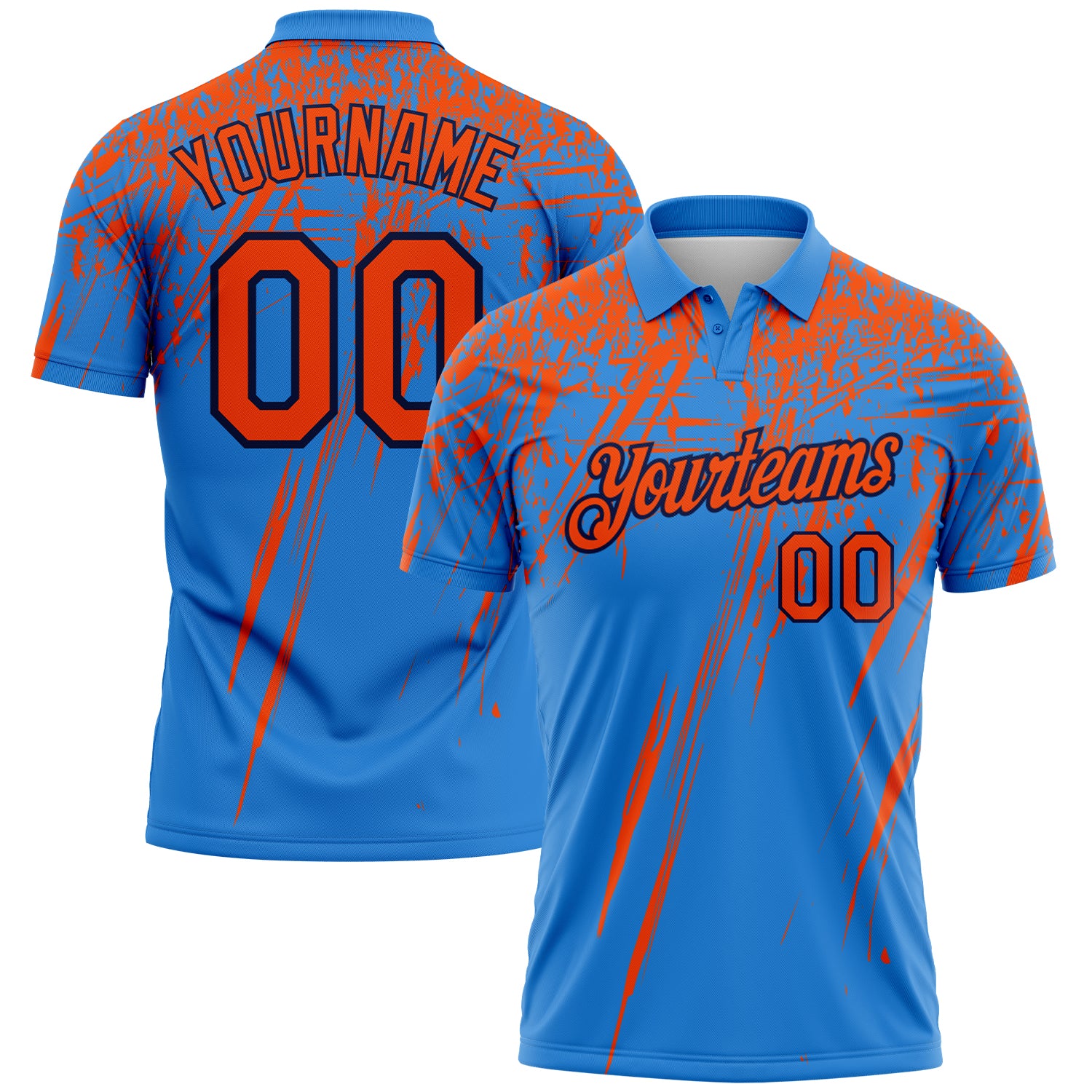 Custom Powder Blue Orange-Navy Distressed Scratch Brush Stroke Performance Polo Shirt