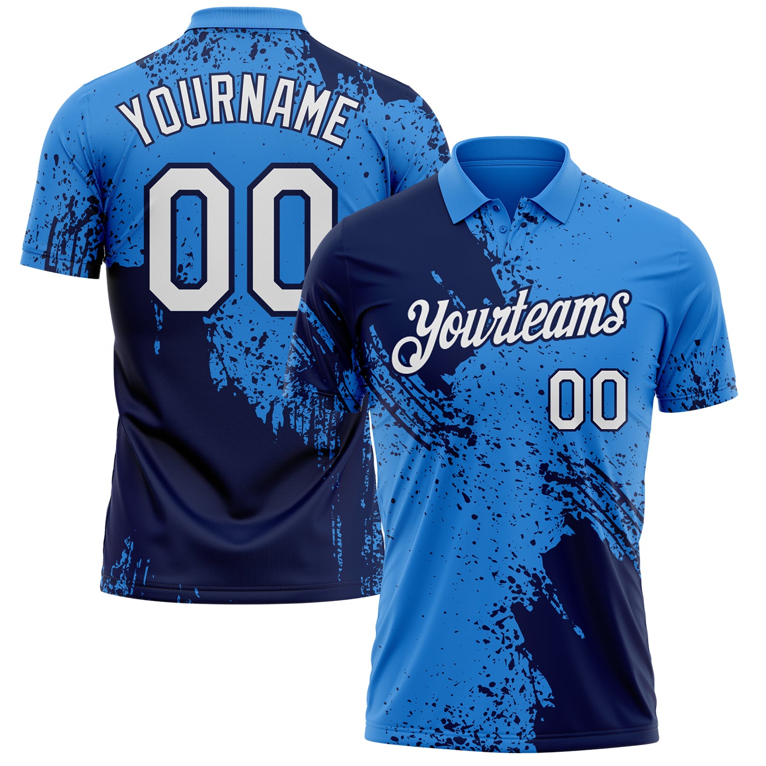 Custom Powder Blue White-Navy Distressed Scratch Brush Stroke Performance Polo Shirt