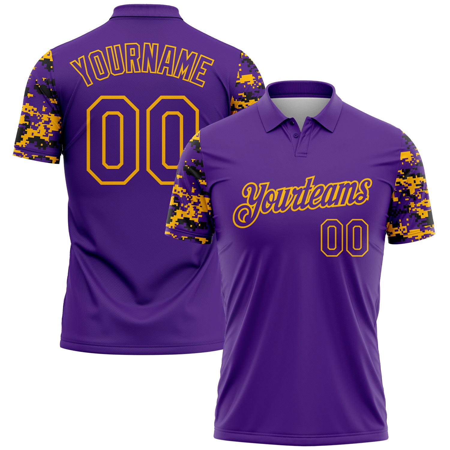 Custom Purple Black-Gold Digital Camo Two Tone Performance Polo Shirt