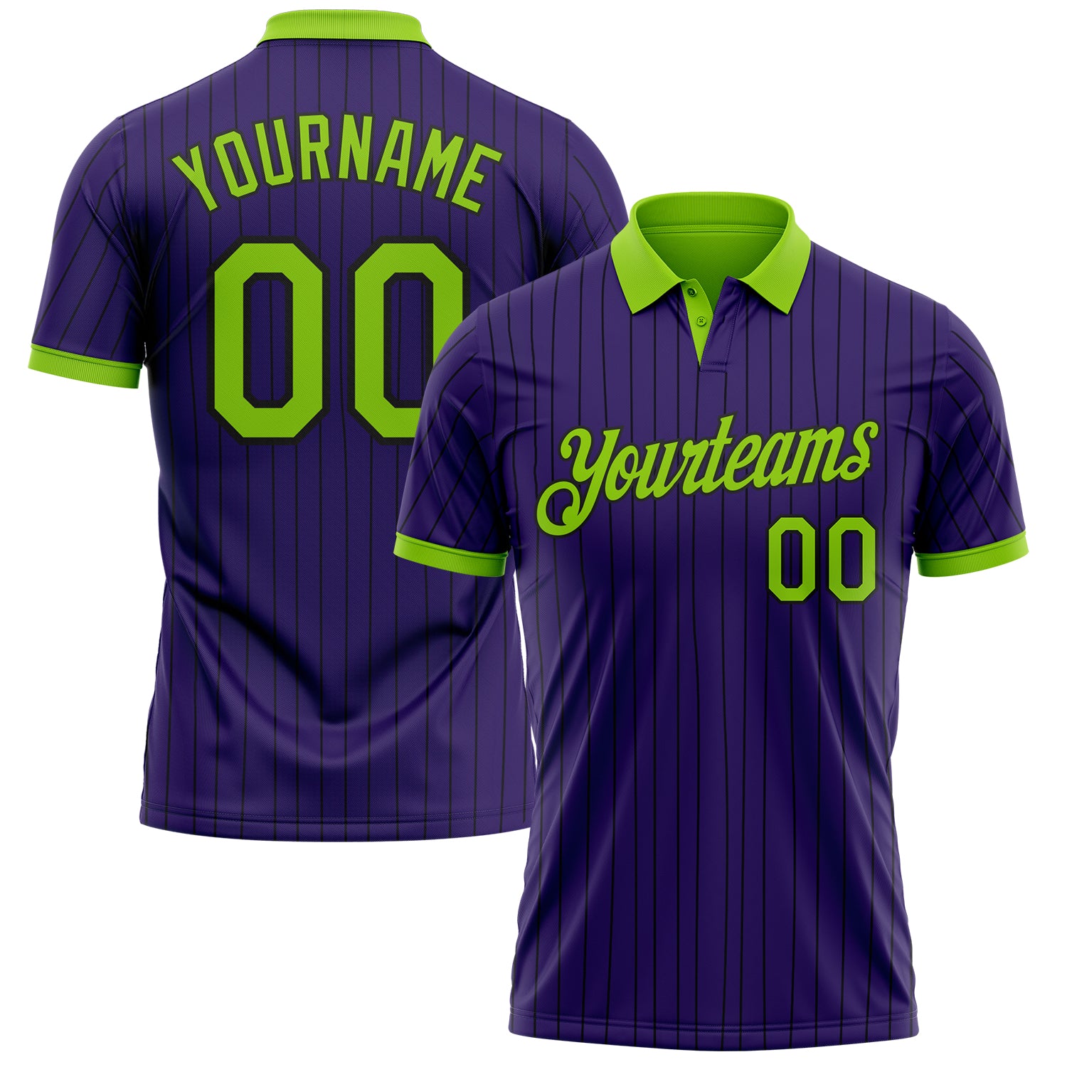 Custom Purple Black Pinstripe-Neon Green Performance Polo Shirt