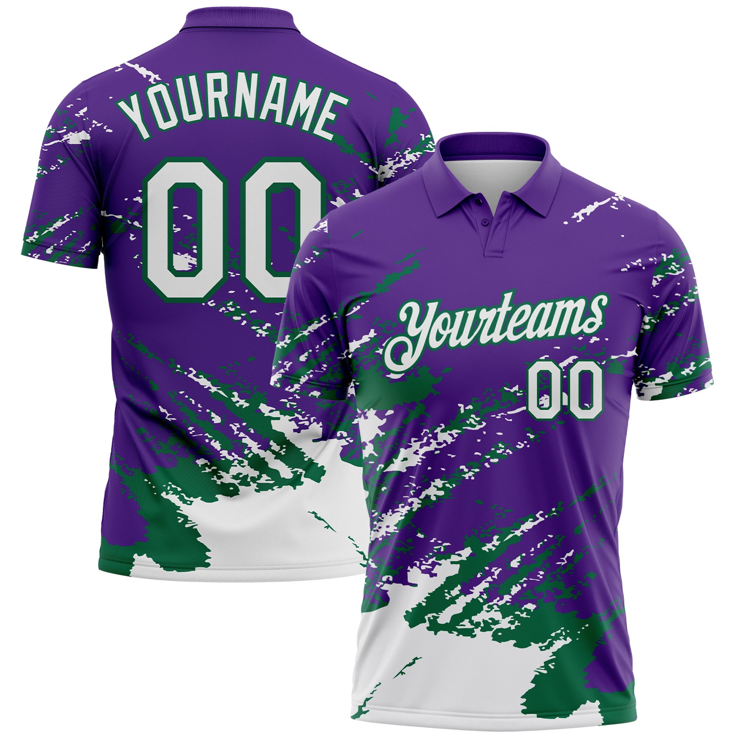 Custom Purple White-Kelly Green Brush Stroke Shatter Splatter Performance Polo Shirt