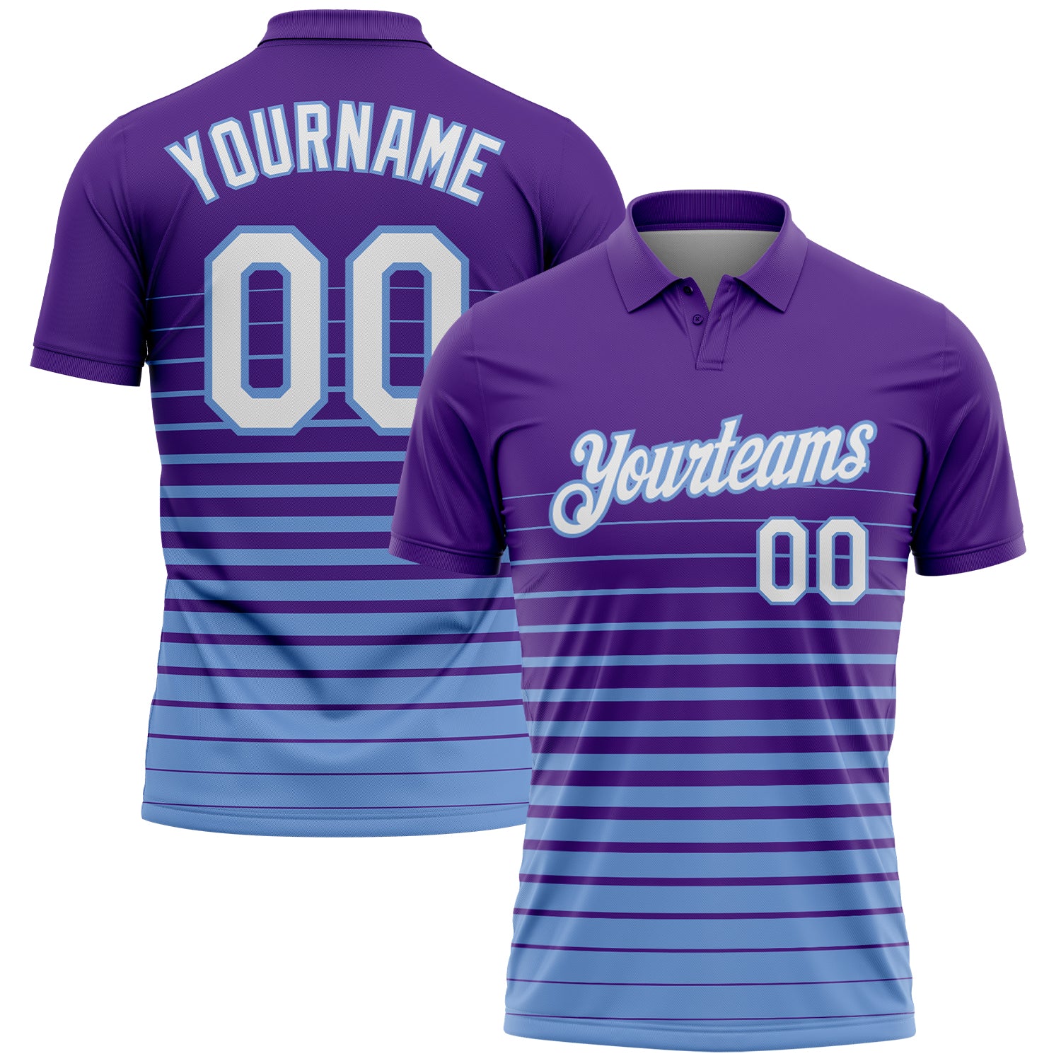 Custom Purple White-Light Blue Horizontal Gradient Stripe Performance Polo Shirt