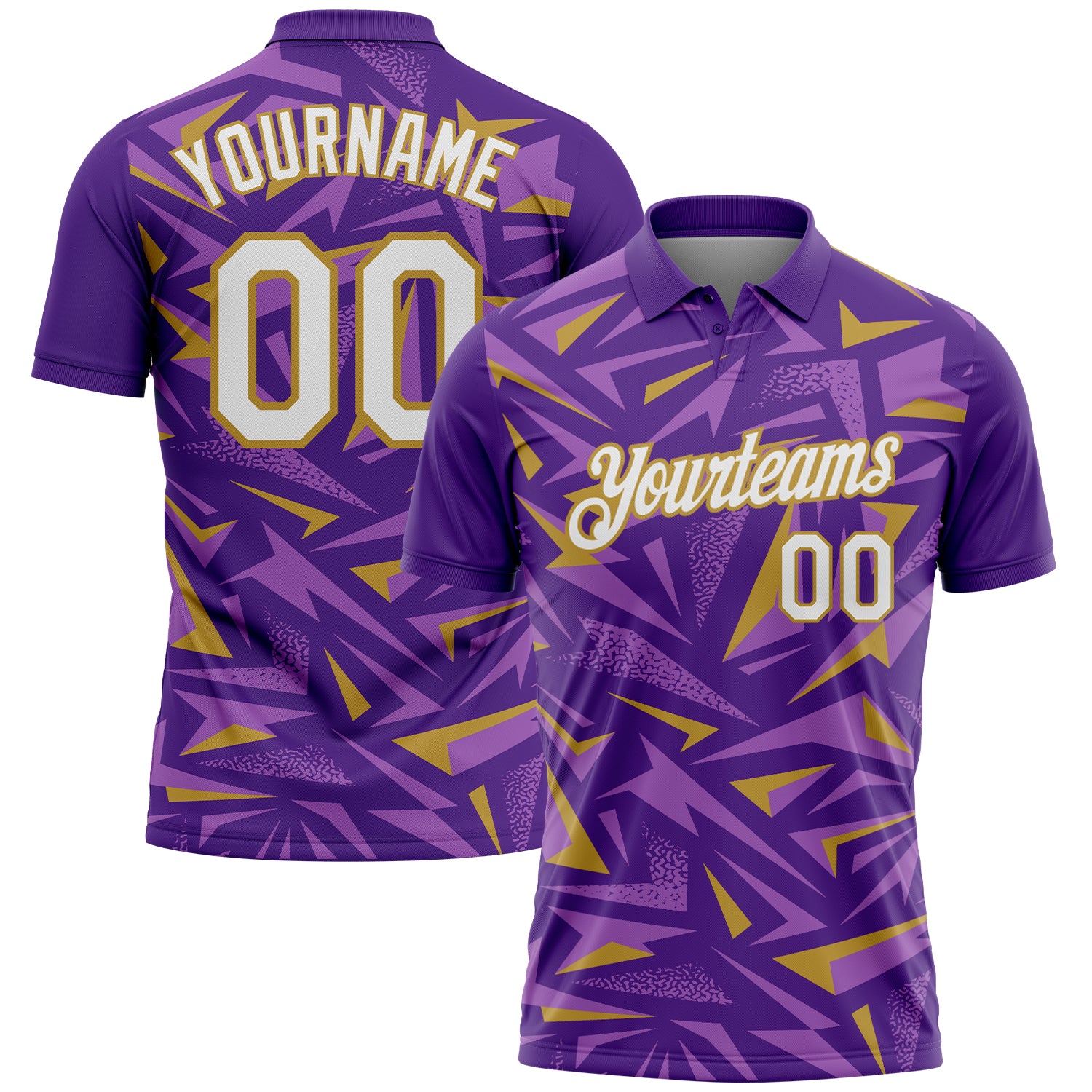 Custom Purple White Medium Purple-Old Gold Cyber Mecha E-sport Geometric Shards Spike Performance Polo Shirt