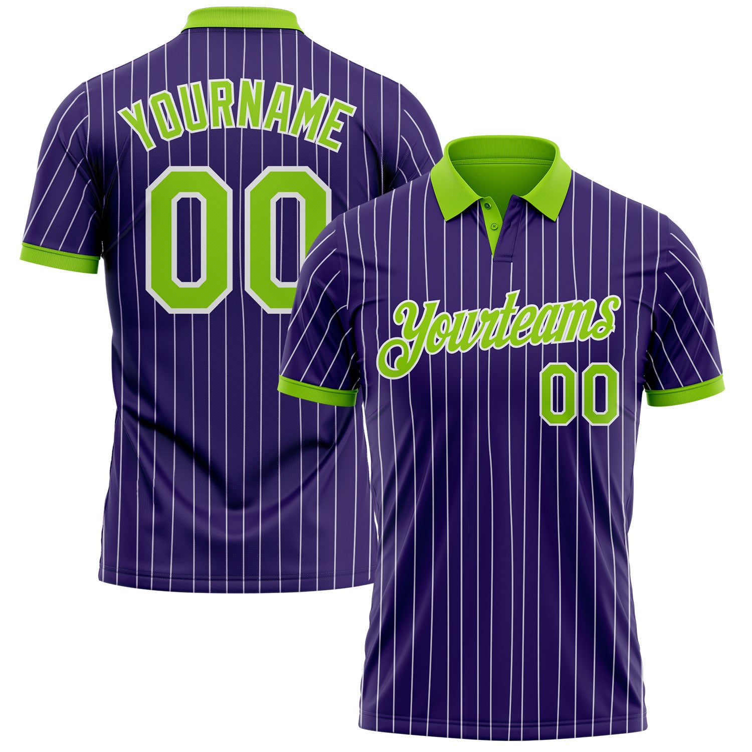 Custom Purple White Pinstripe-Neon Green Performance Polo Shirt