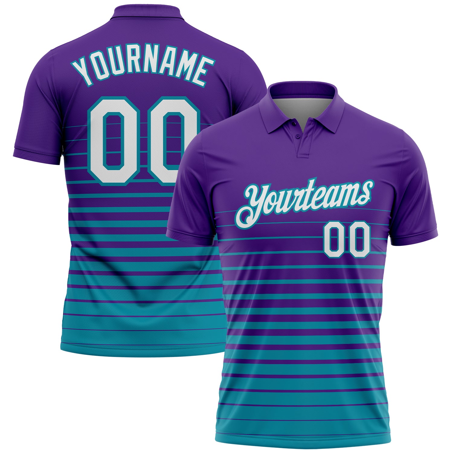 Custom Purple White-Teal Horizontal Gradient Stripe Performance Polo Shirt