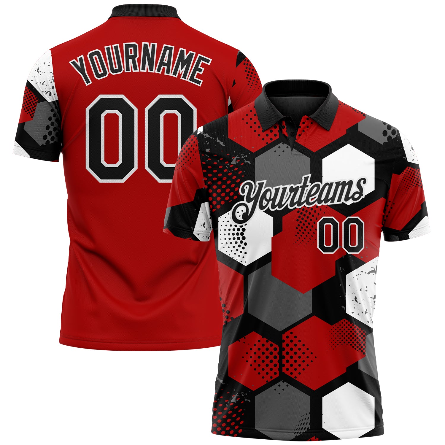 Custom Red Black Gray-White Modern Geometric Tech Hexagon Grid Performance Polo Shirt