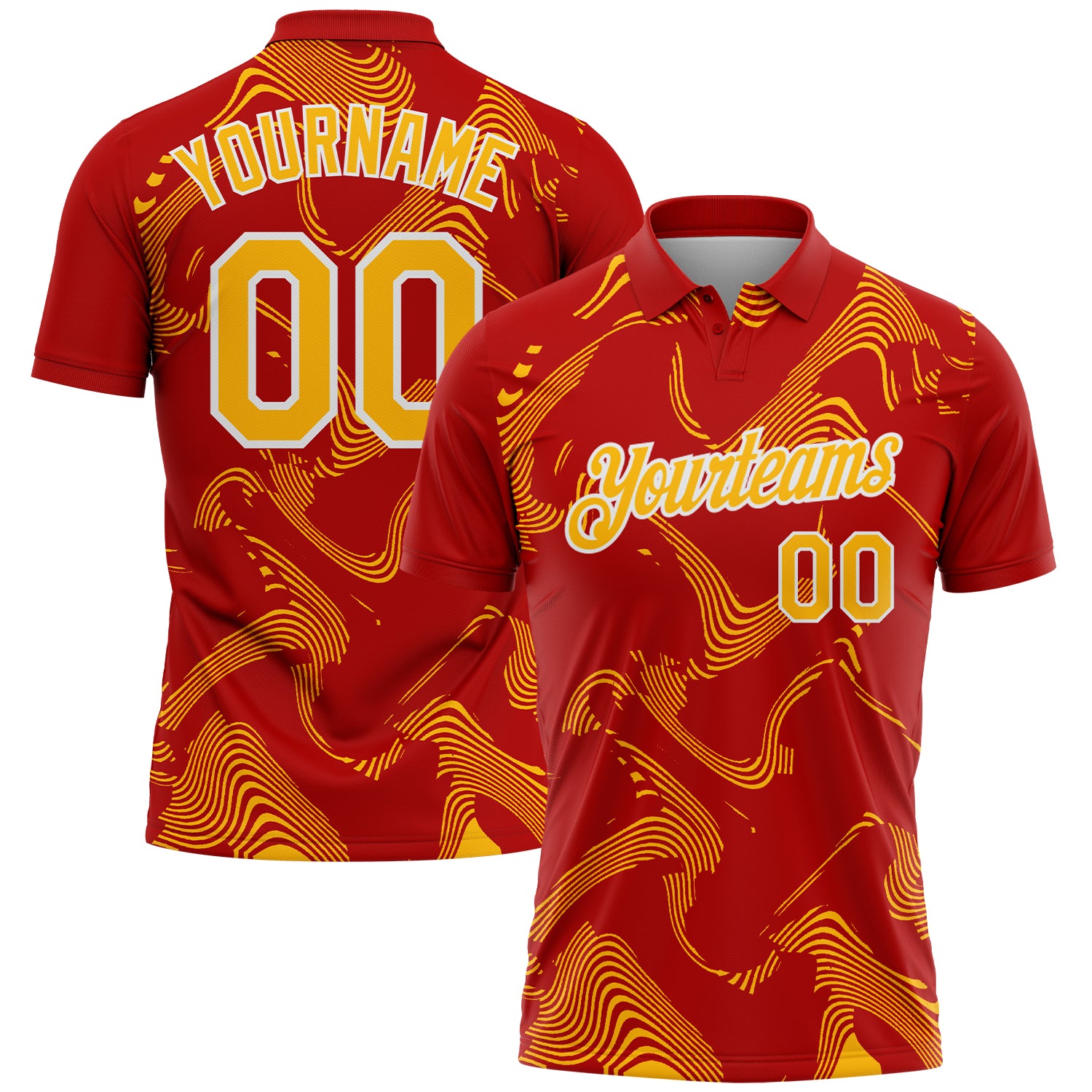 Custom Red Gold-White 3D Pattern Abstract Fluid Swirl Line Performance Polo Shirt