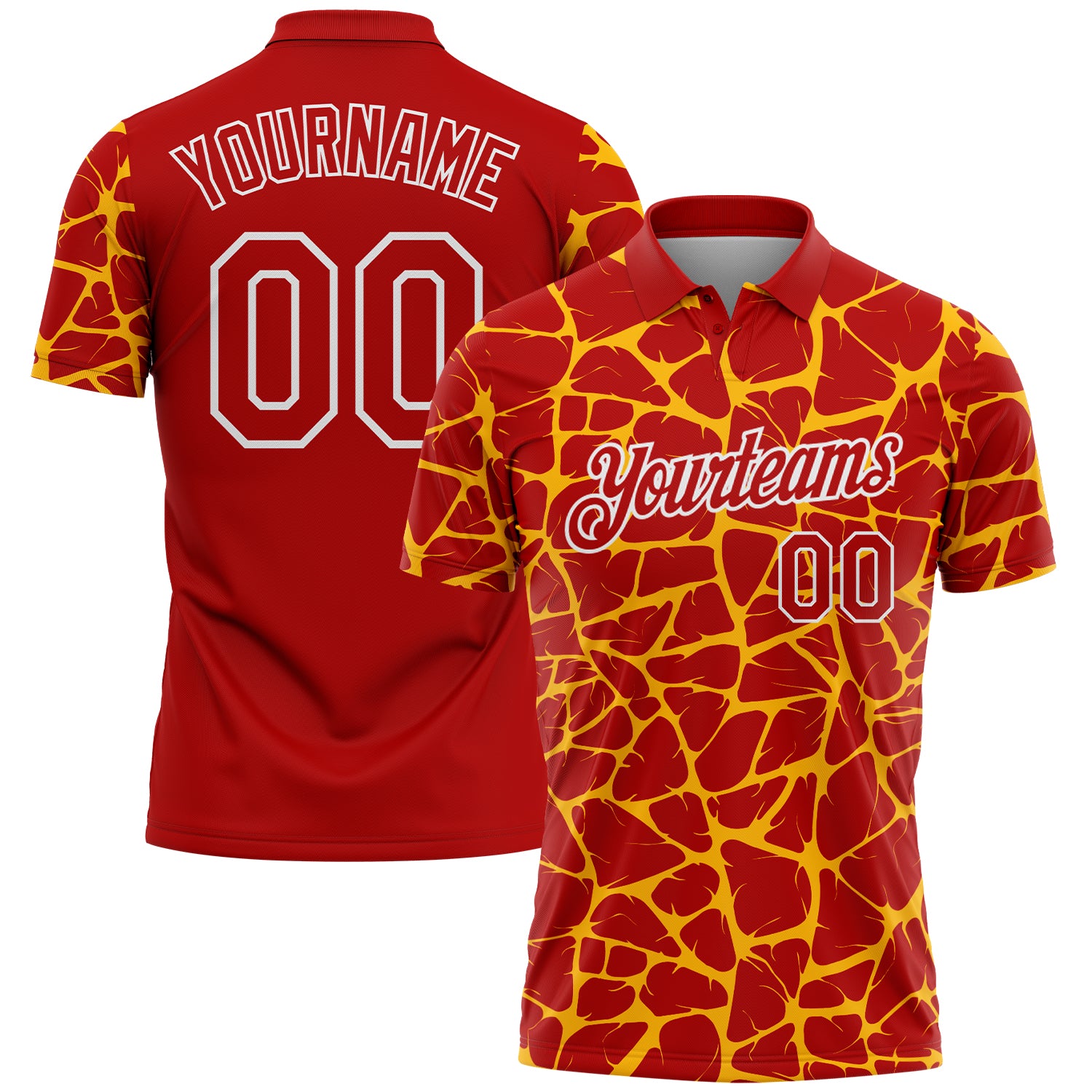 Custom Red Gold-White 3D Pattern Abstract Network Crackle Performance Polo Shirt