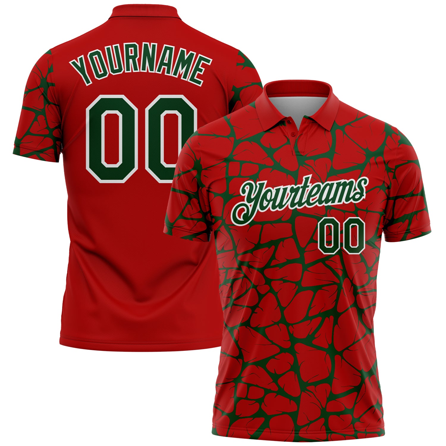 Custom Red Green-White 3D Pattern Abstract Network Crackle Performance Polo Shirt