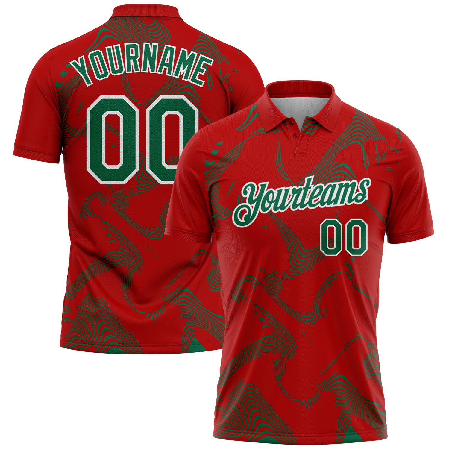 Custom Red Kelly Green-White 3D Pattern Abstract Fluid Swirl Line Performance Polo Shirt