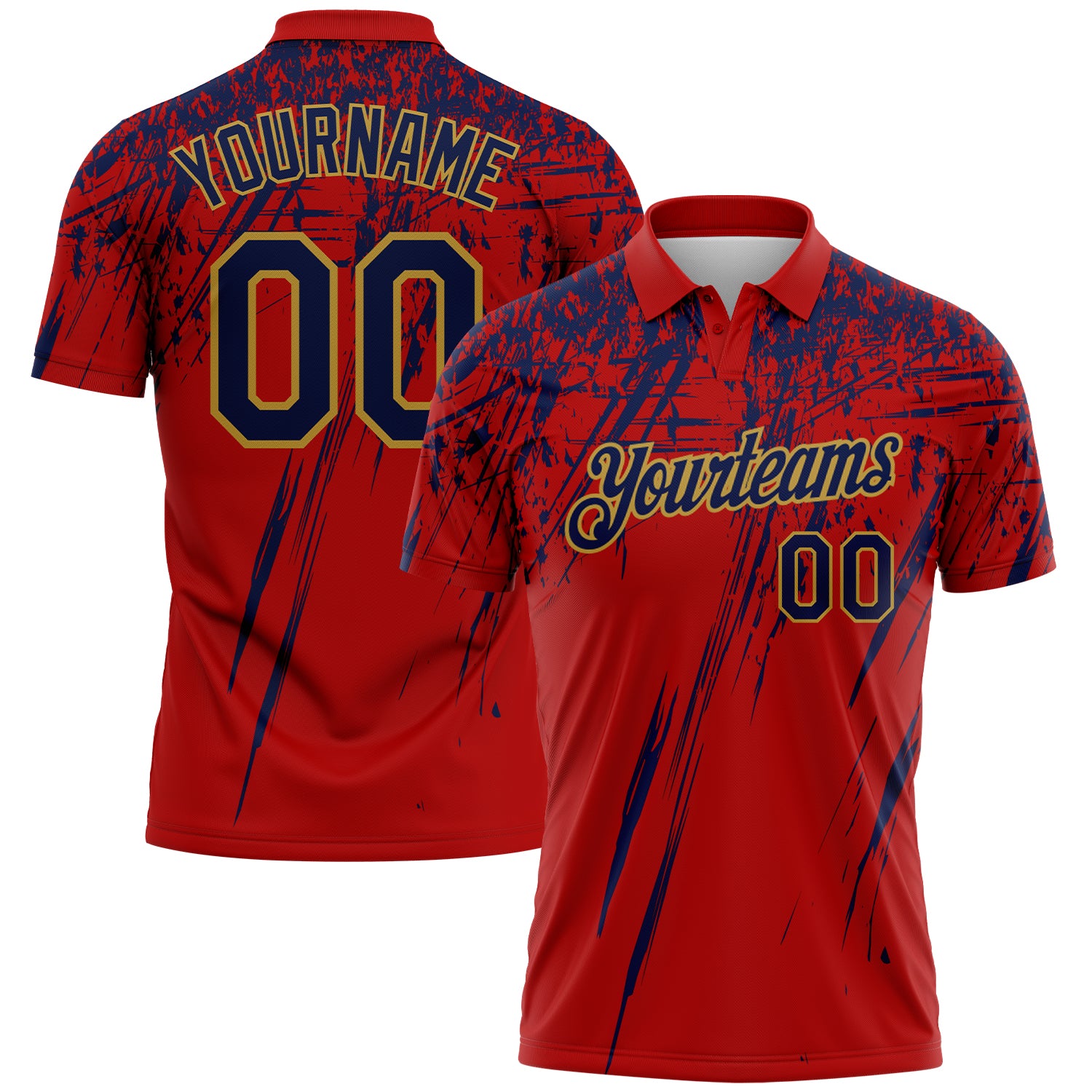 Custom Red Navy-Old Gold Distressed Scratch Brush Stroke Performance Polo Shirt