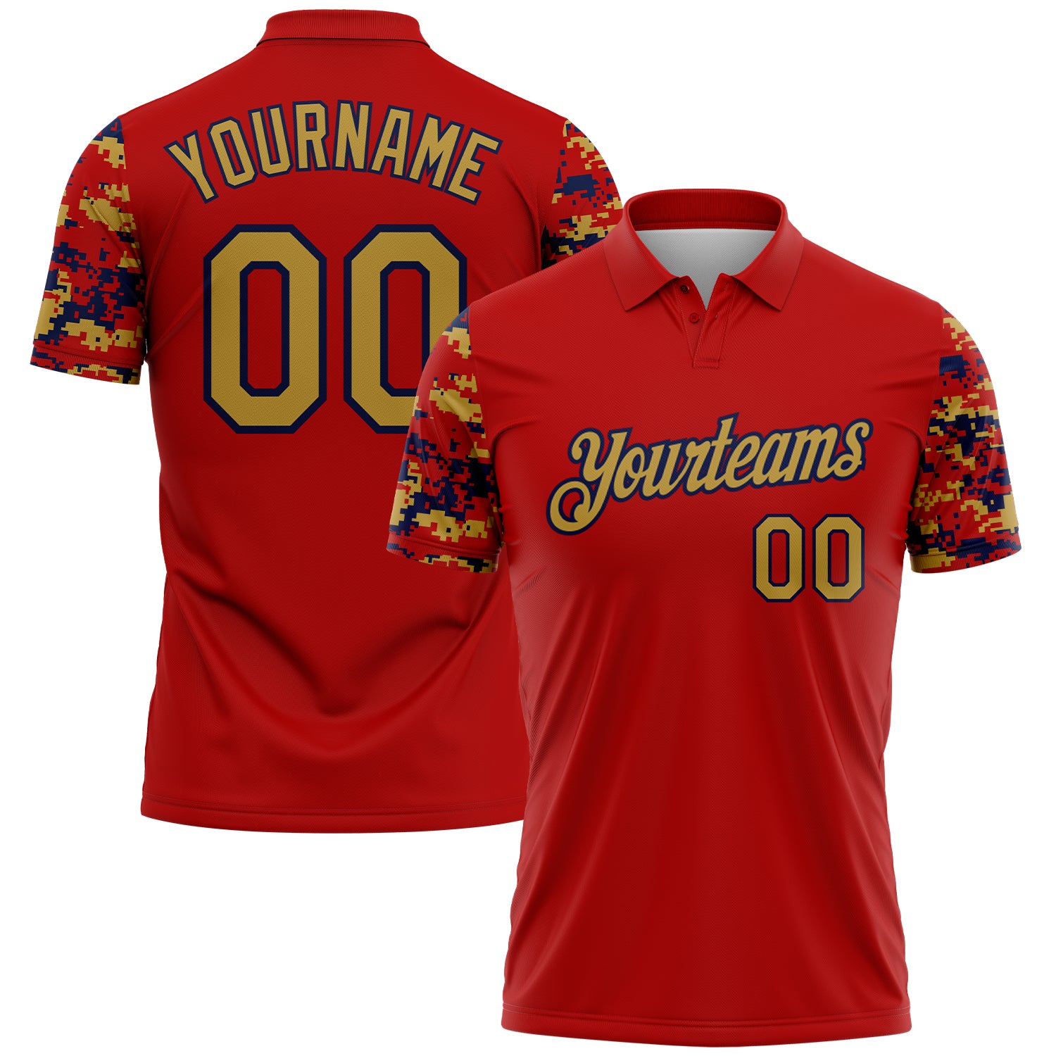 Custom Red Old Gold-Navy Digital Camo Two Tone Performance Polo Shirt