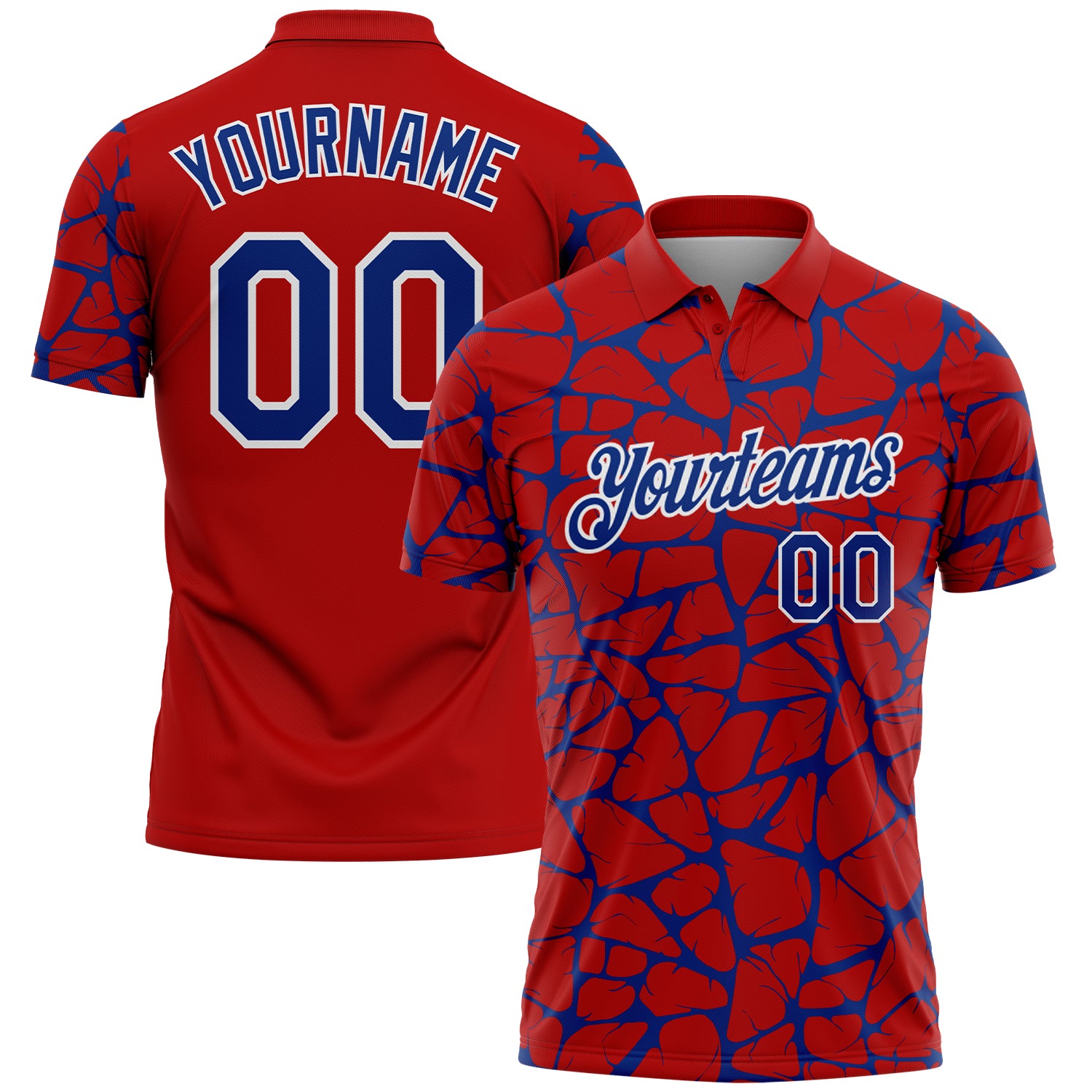 Custom Red Royal-White 3D Pattern Abstract Network Crackle Performance Polo Shirt