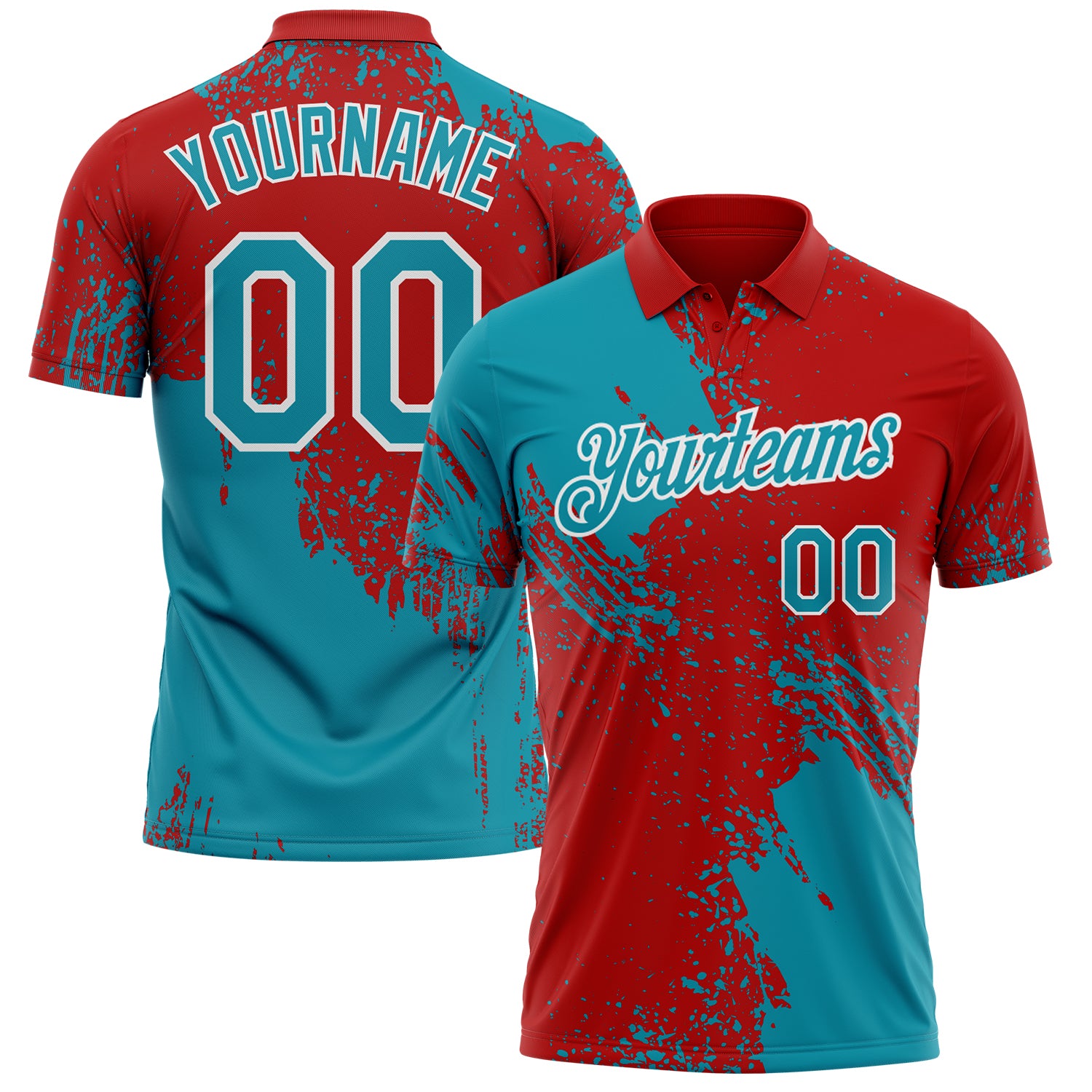 Custom Red Teal-White Distressed Scratch Brush Stroke Performance Polo Shirt