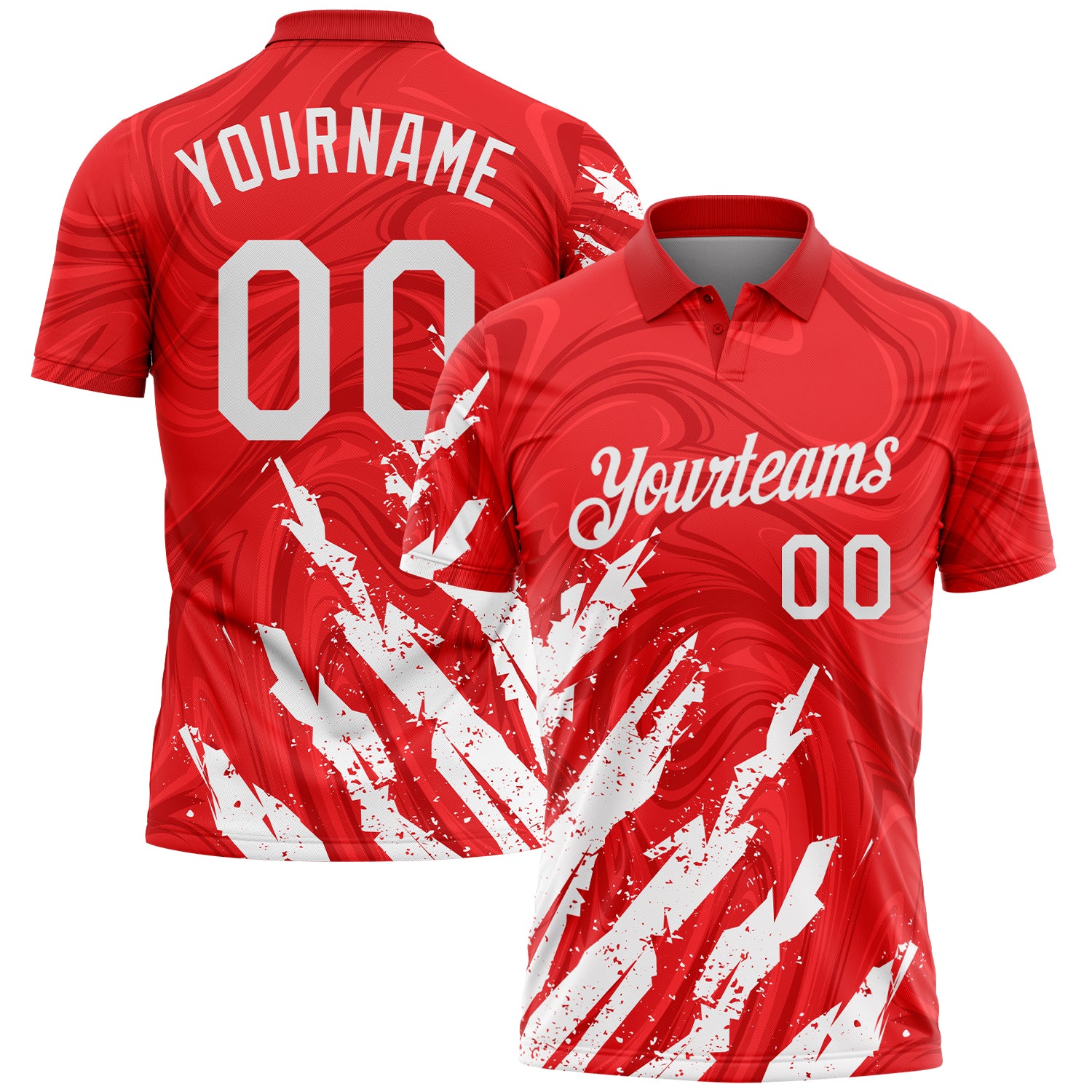 Custom Red-White Brush Stroke Splatter Liquid Swirl Performance Polo Shirt