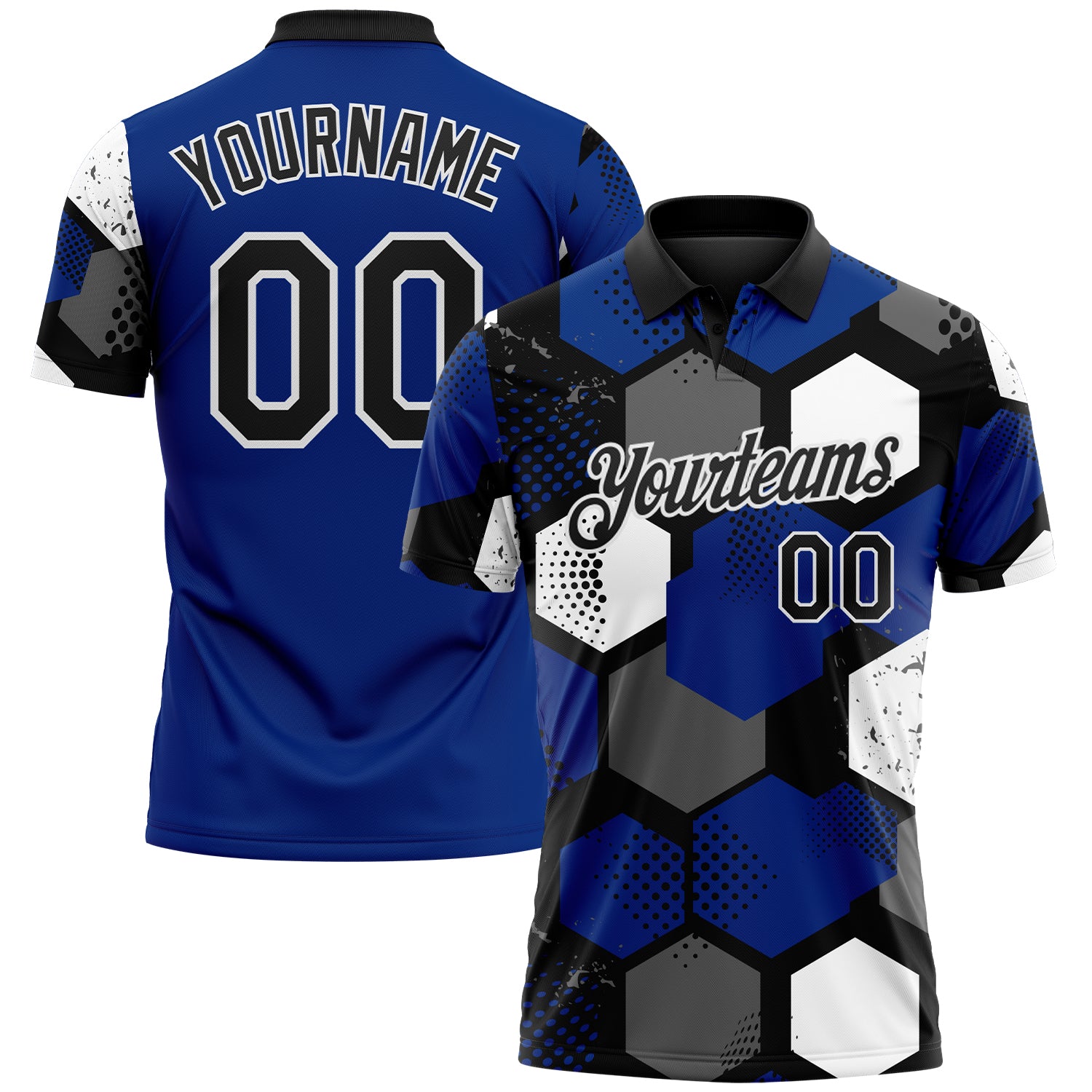 Custom Royal Black Gray-White Modern Geometric Tech Hexagon Grid Performance Polo Shirt