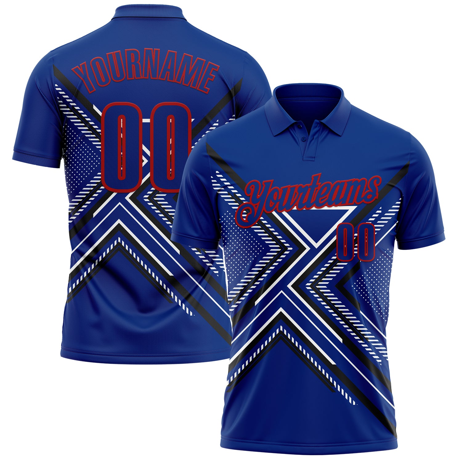 Custom Royal Black Red-White 3D Pattern Design Geometric Shapes Performance Polo Shirt
