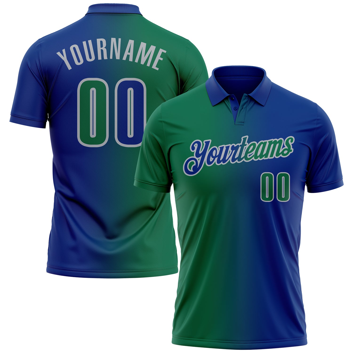 Custom Royal Kelly Green-Gray 3D Gradient Fashion Performance Polo Shirt