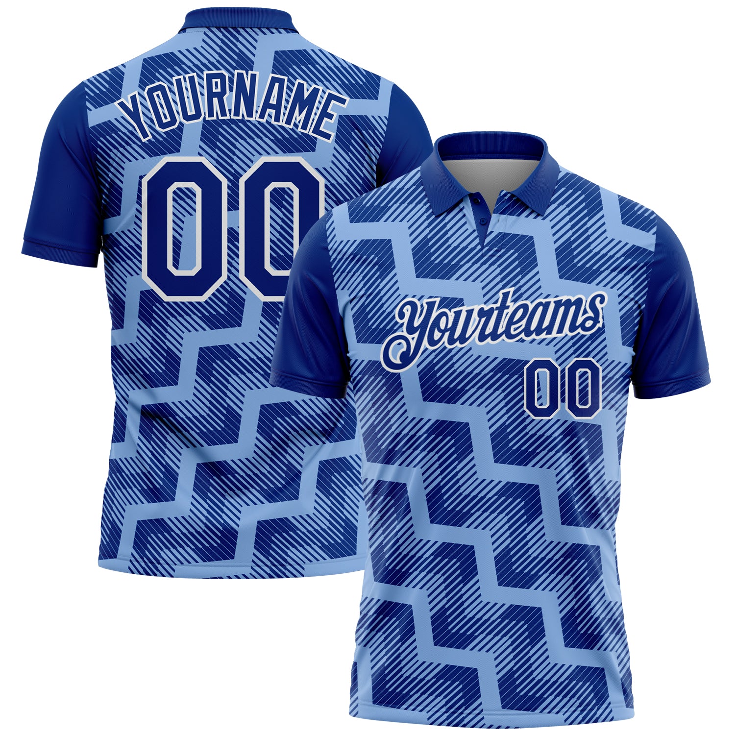 Custom Royal Light Blue-White Geometric Block Diagonal Line Hatching Performance Polo Shirt