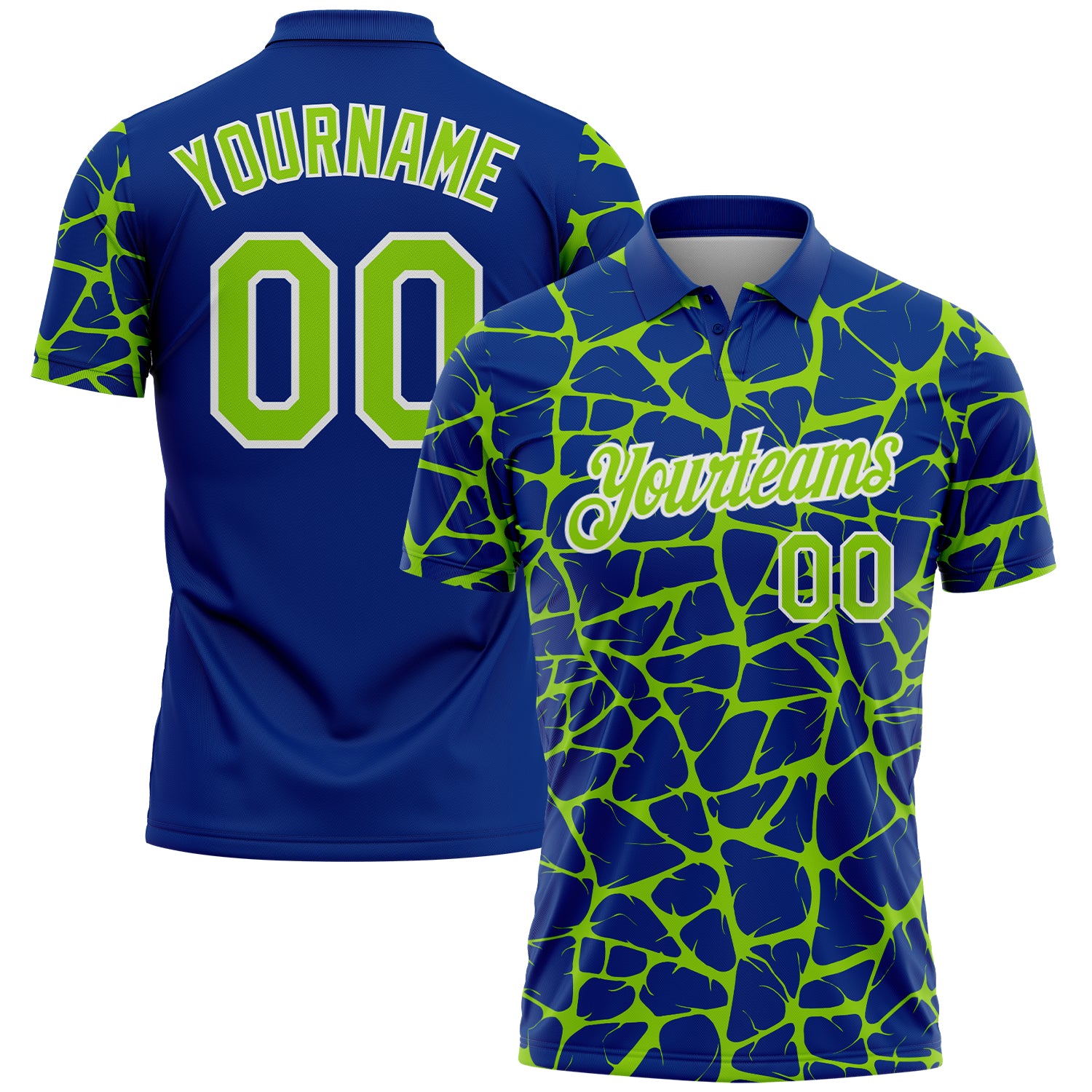 Custom Royal Neon Green-White 3D Pattern Abstract Network Crackle Performance Polo Shirt