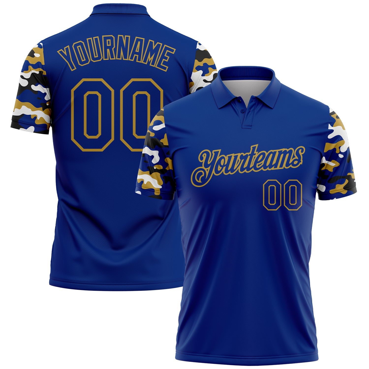 Custom Royal Old Gold Black-White Digital Camo Two Tone Performance Polo Shirt
