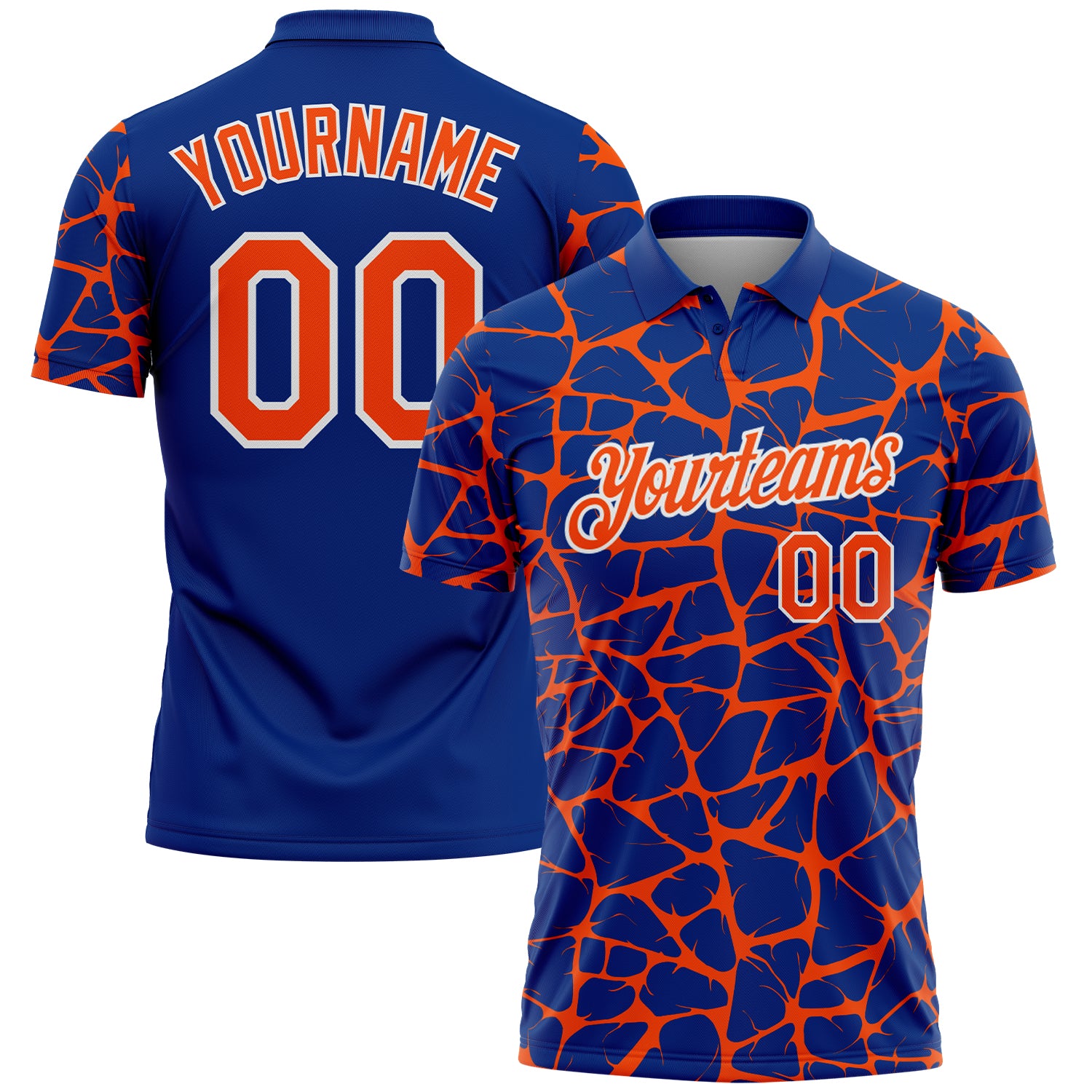 Custom Royal Orange-White 3D Pattern Abstract Network Crackle Performance Polo Shirt