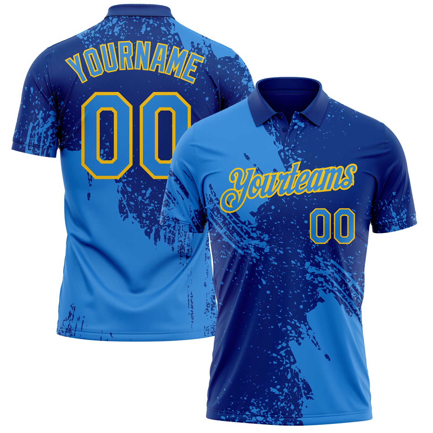 Custom Royal Powder Blue-Yellow Distressed Scratch Brush Stroke Performance Polo Shirt