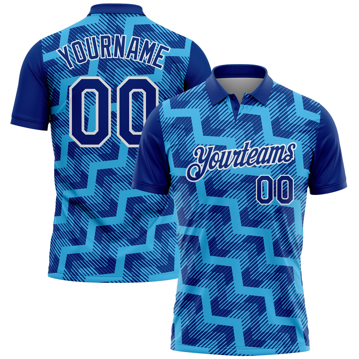 Custom Royal Sky Blue-White Geometric Block Diagonal Line Hatching Performance Polo Shirt