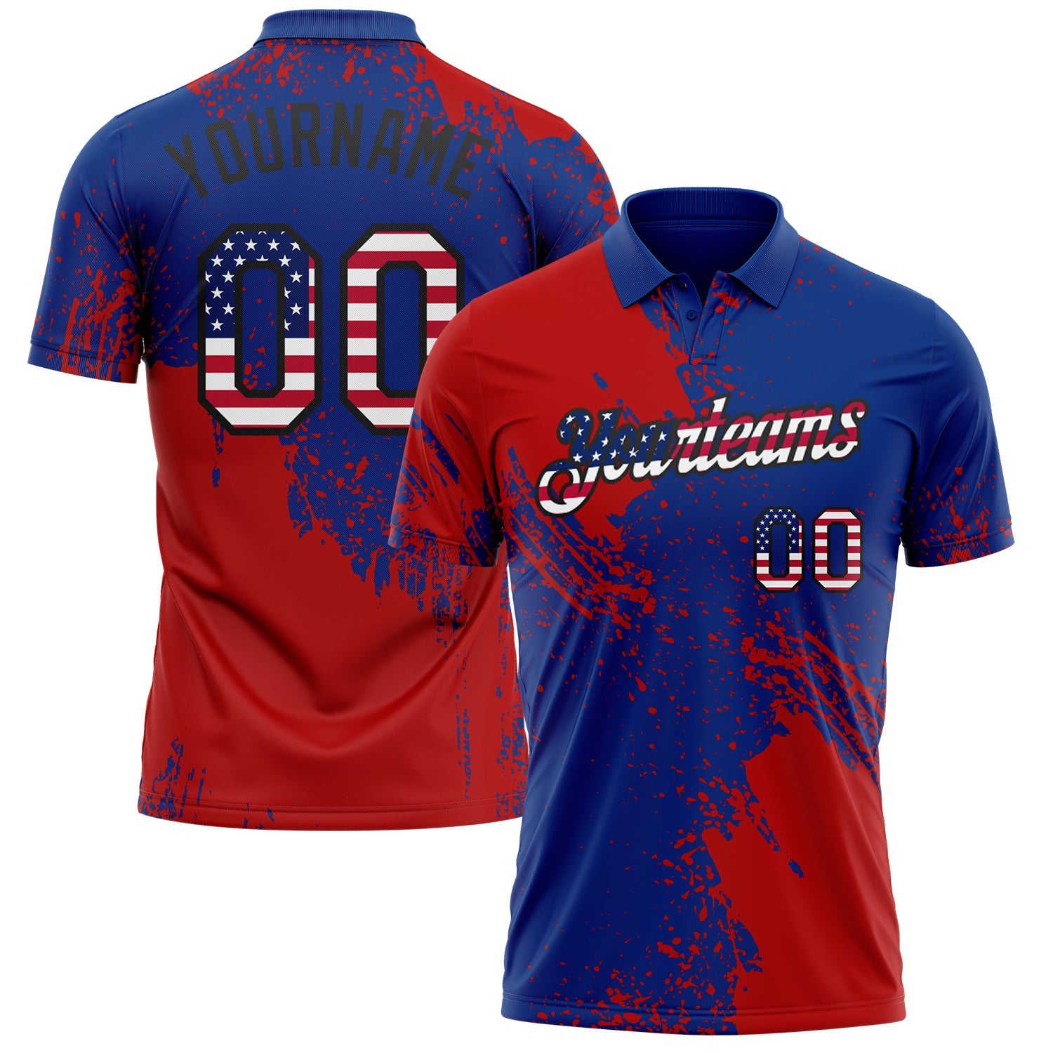 Custom Royal USA Flag Red-Black Distressed Scratch Brush Stroke Performance Polo Shirt