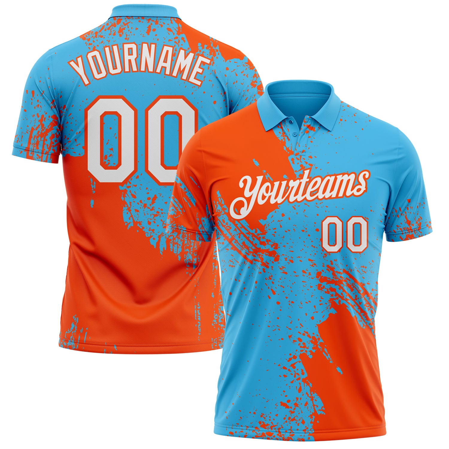 Custom Sky Blue White-Orange Distressed Scratch Brush Stroke Performance Polo Shirt