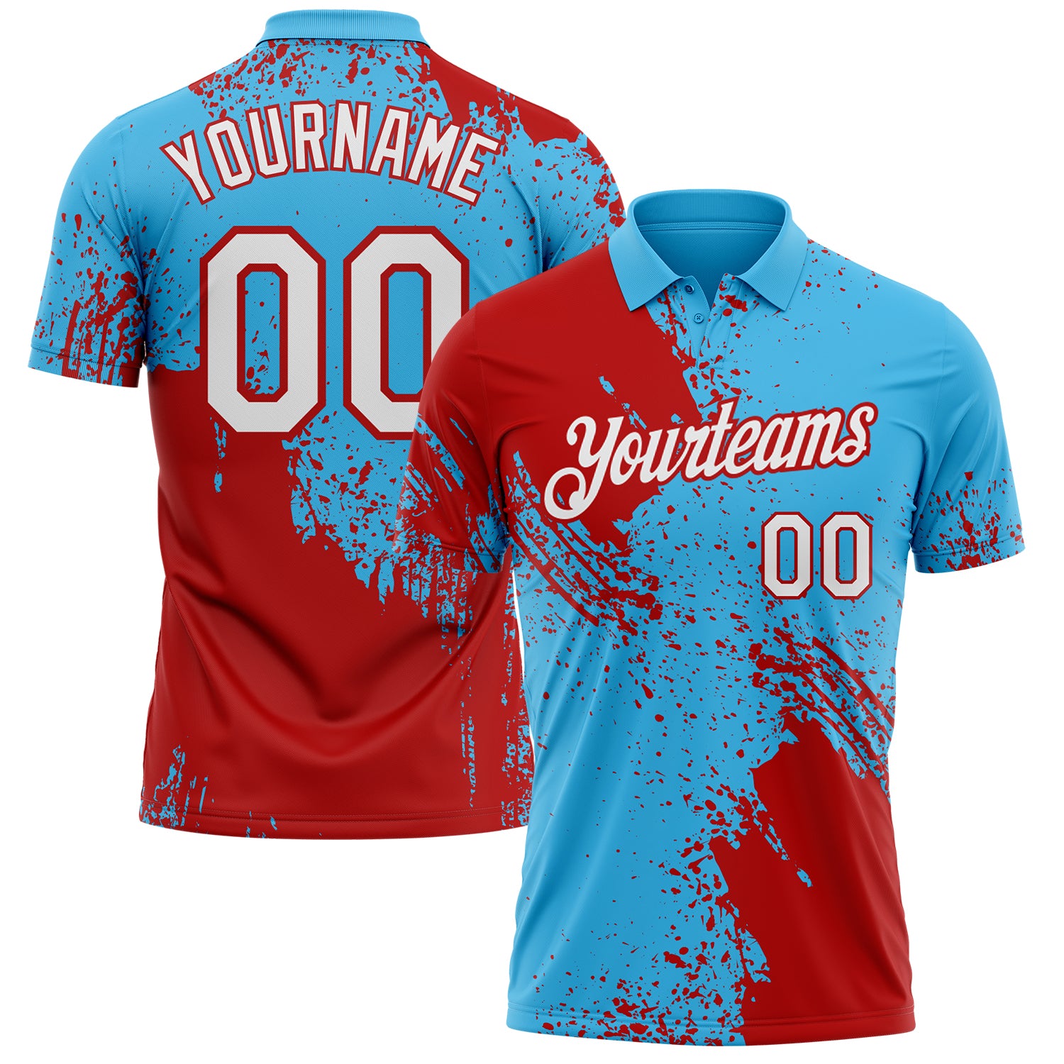 Custom Sky Blue White-Red Distressed Scratch Brush Stroke Performance Polo Shirt