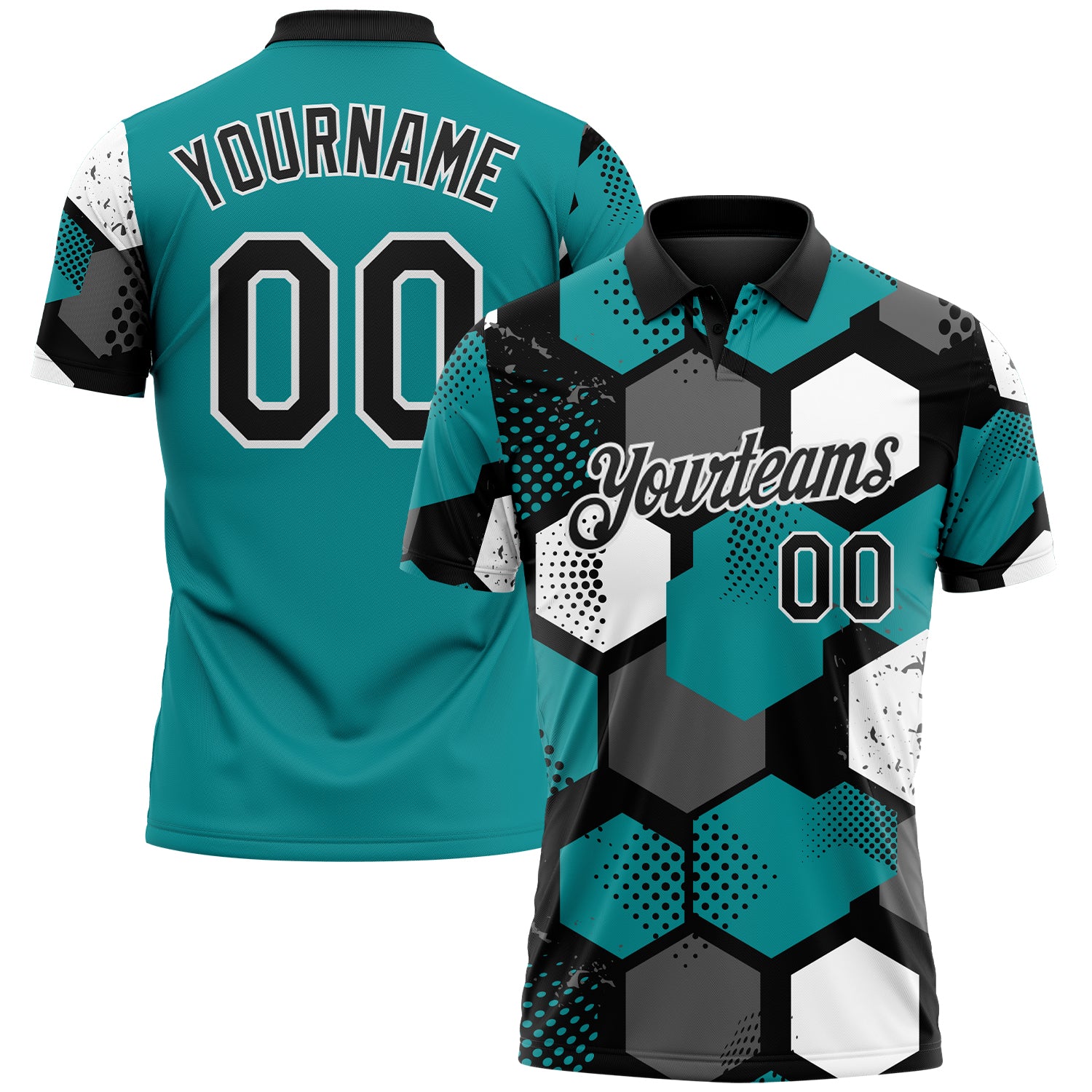 Custom Teal Black Gray-White Modern Geometric Tech Hexagon Grid Performance Polo Shirt