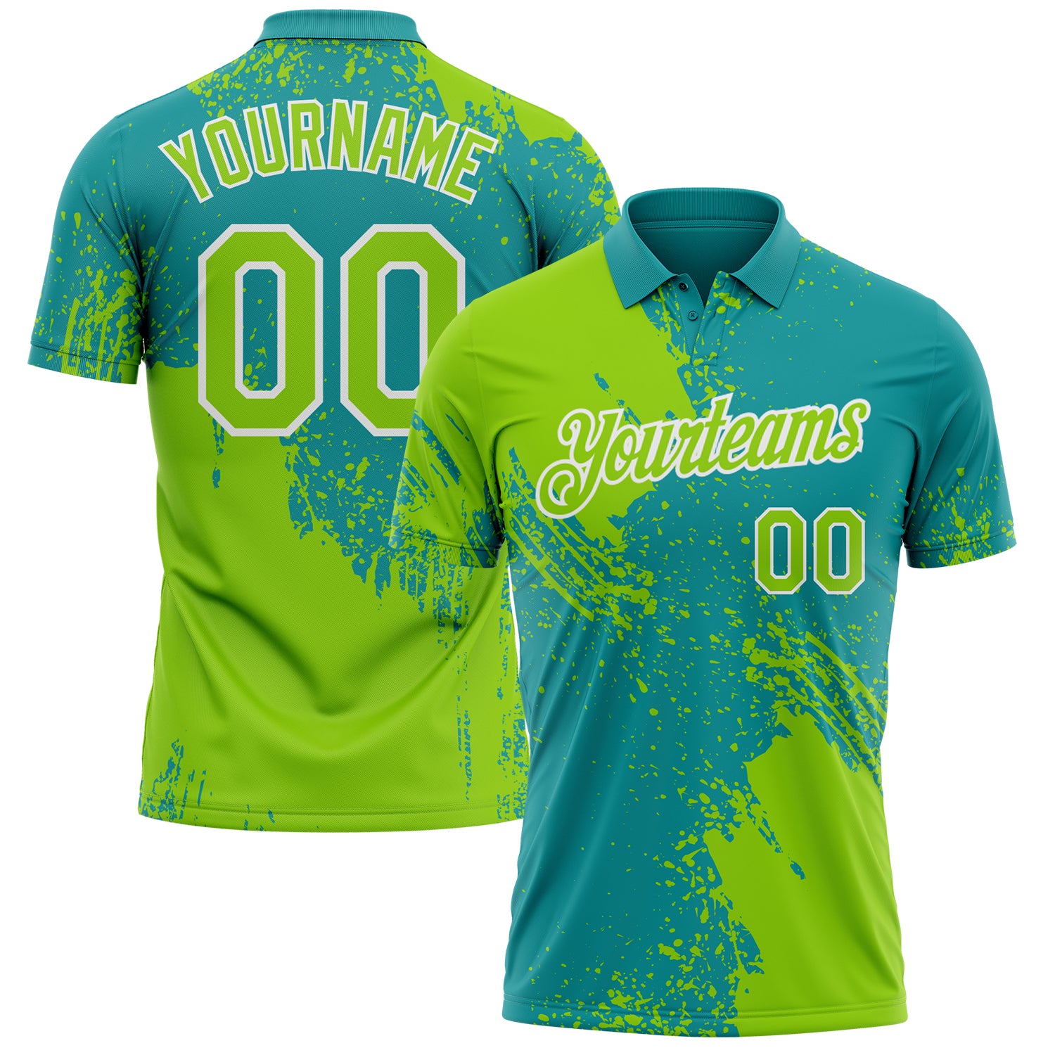 Custom Teal Neon Green-White Distressed Scratch Brush Stroke Performance Polo Shirt