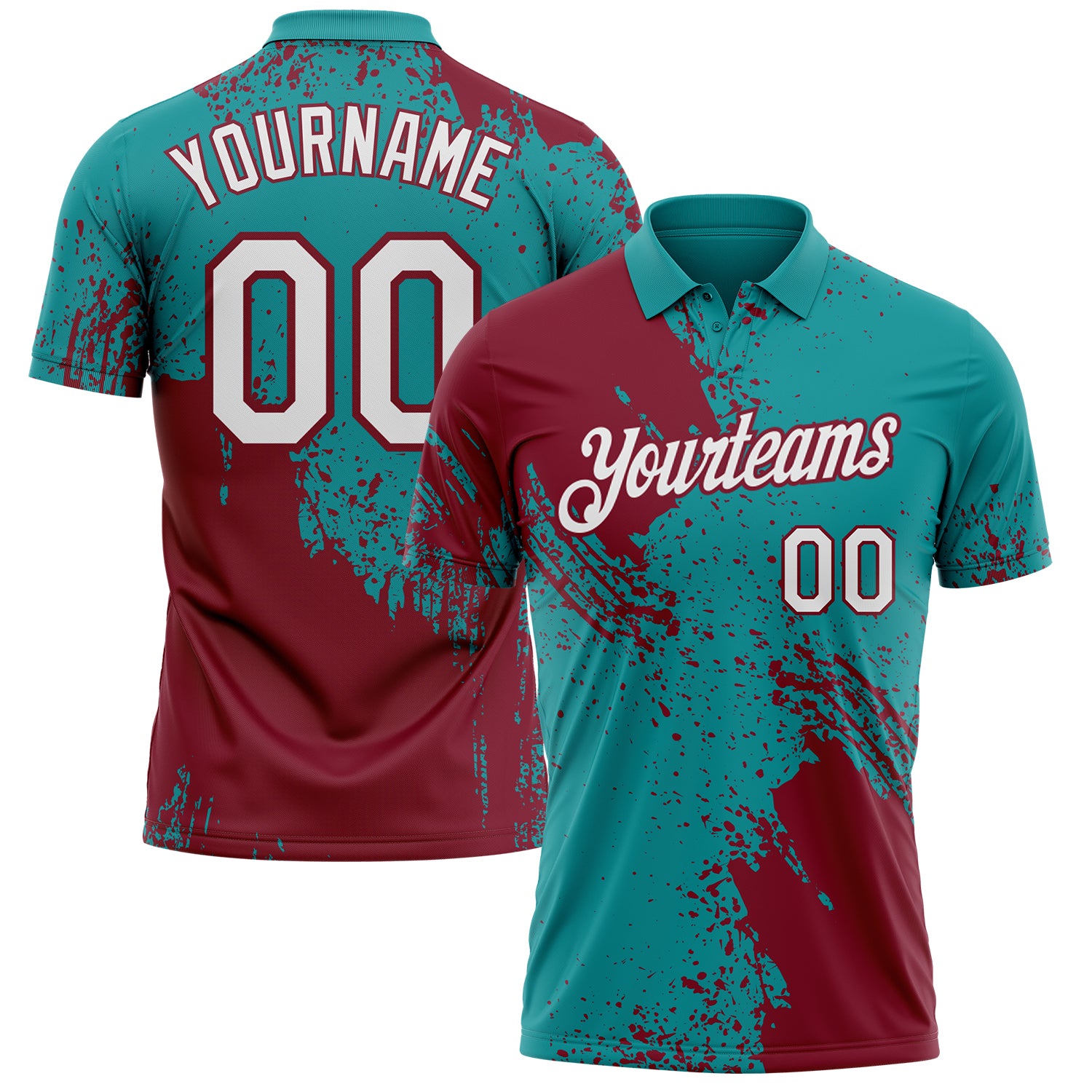 Custom Teal White-Crimson Distressed Scratch Brush Stroke Performance Polo Shirt