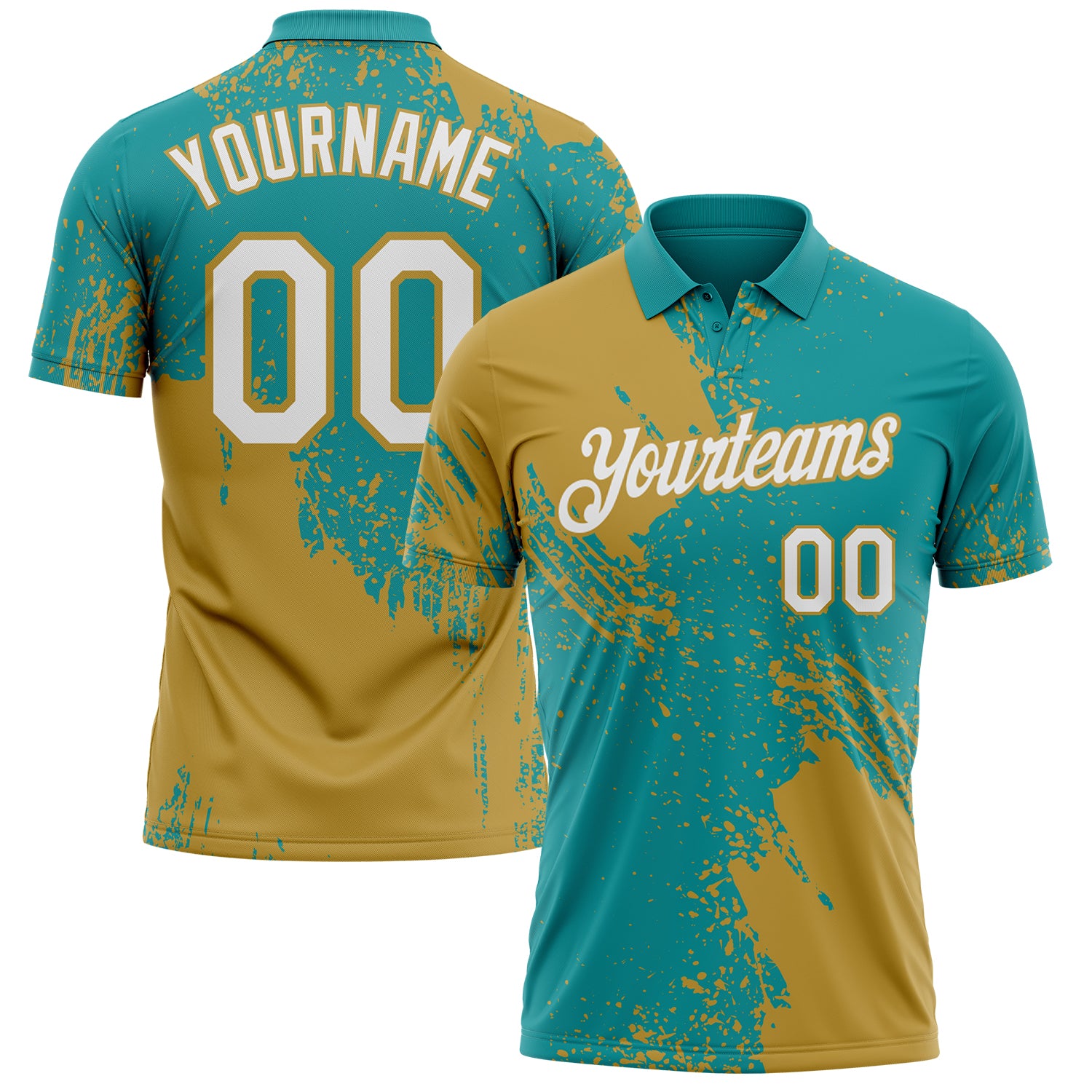 Custom Teal White-Old Gold Distressed Scratch Brush Stroke Performance Polo Shirt