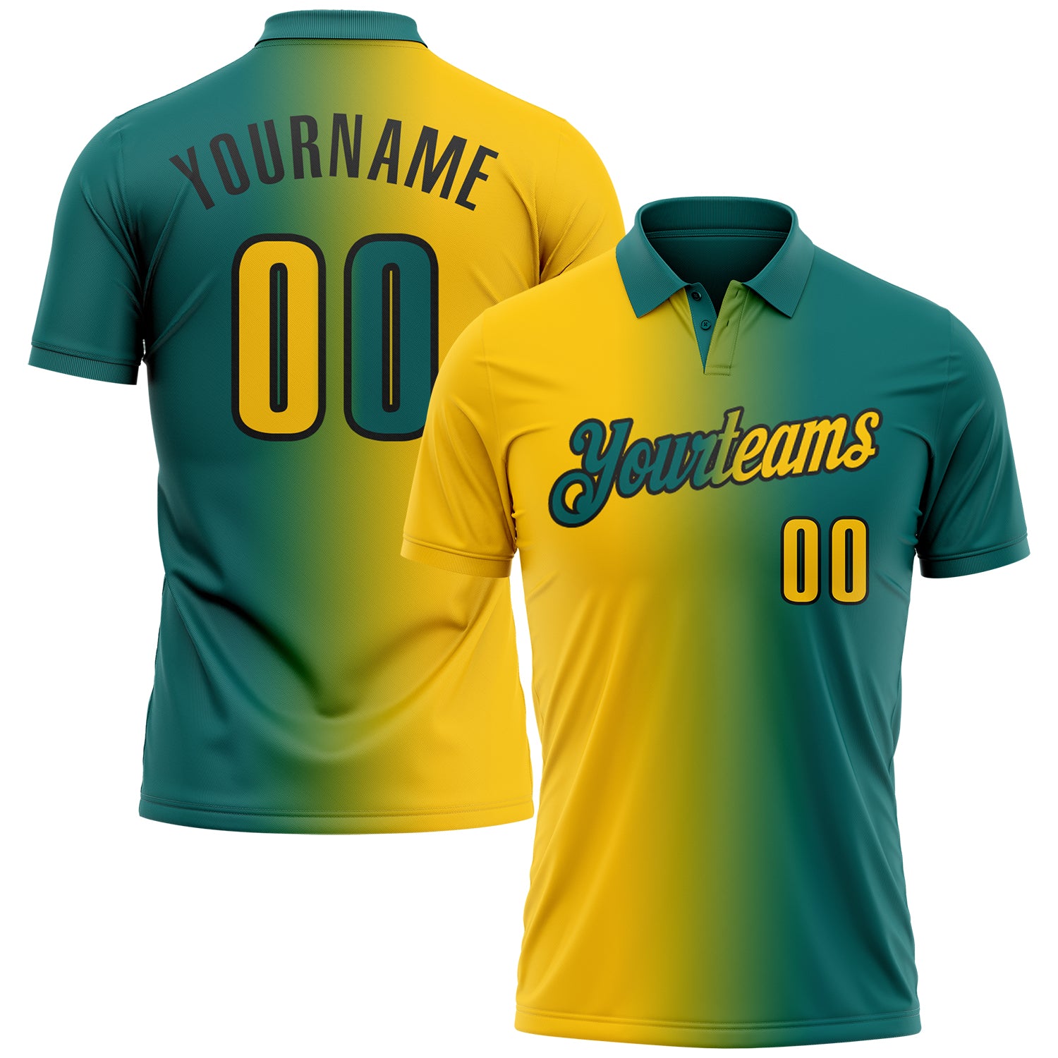 Custom Teal Yellow-Black 3D Gradient Fashion Performance Polo Shirt