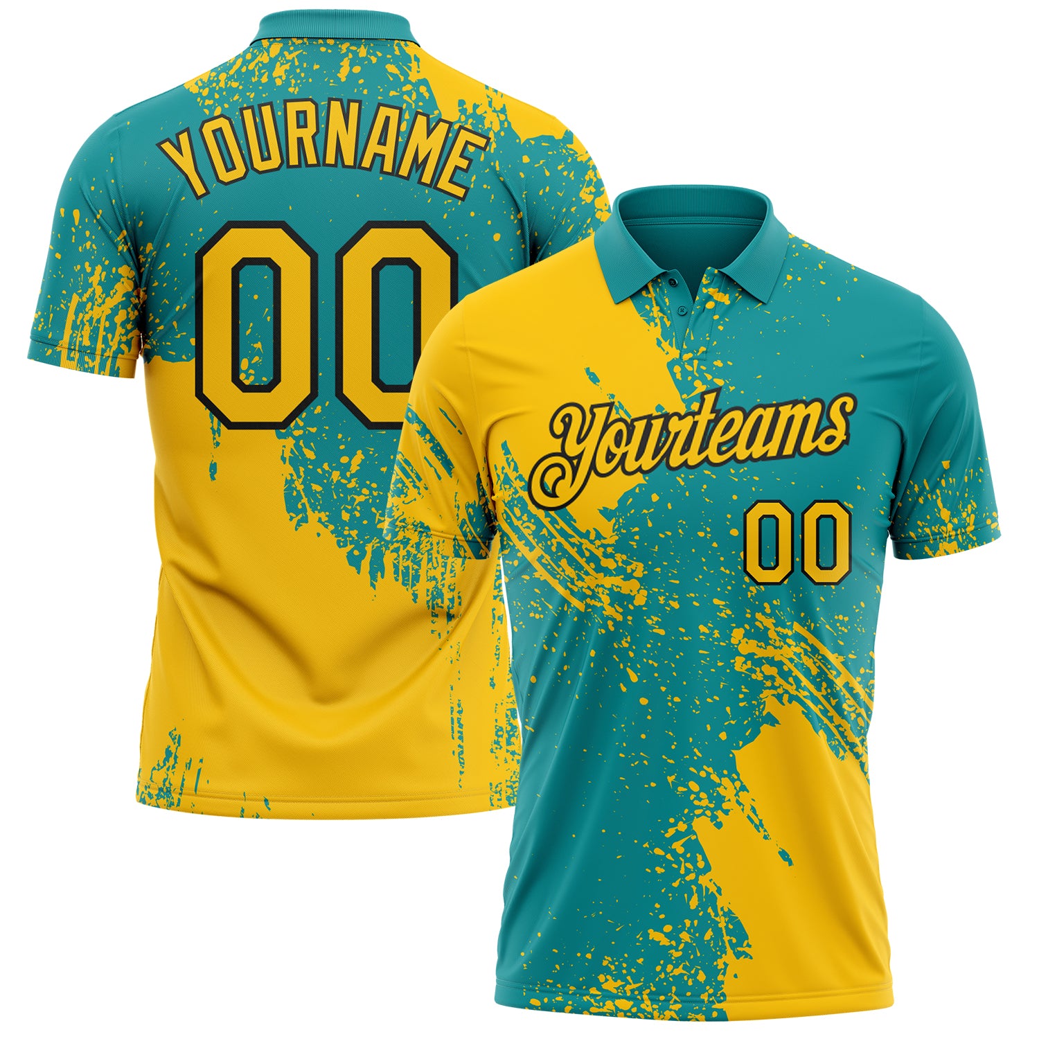 Custom Teal Yellow-Black Distressed Scratch Brush Stroke Performance Polo Shirt