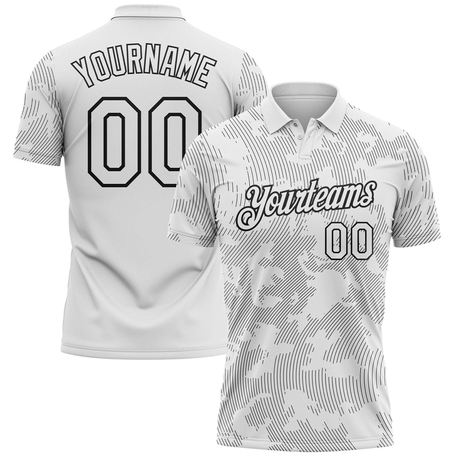 Custom White-Black 3D Pattern Abstract Fluid Line Performance Polo Shirt