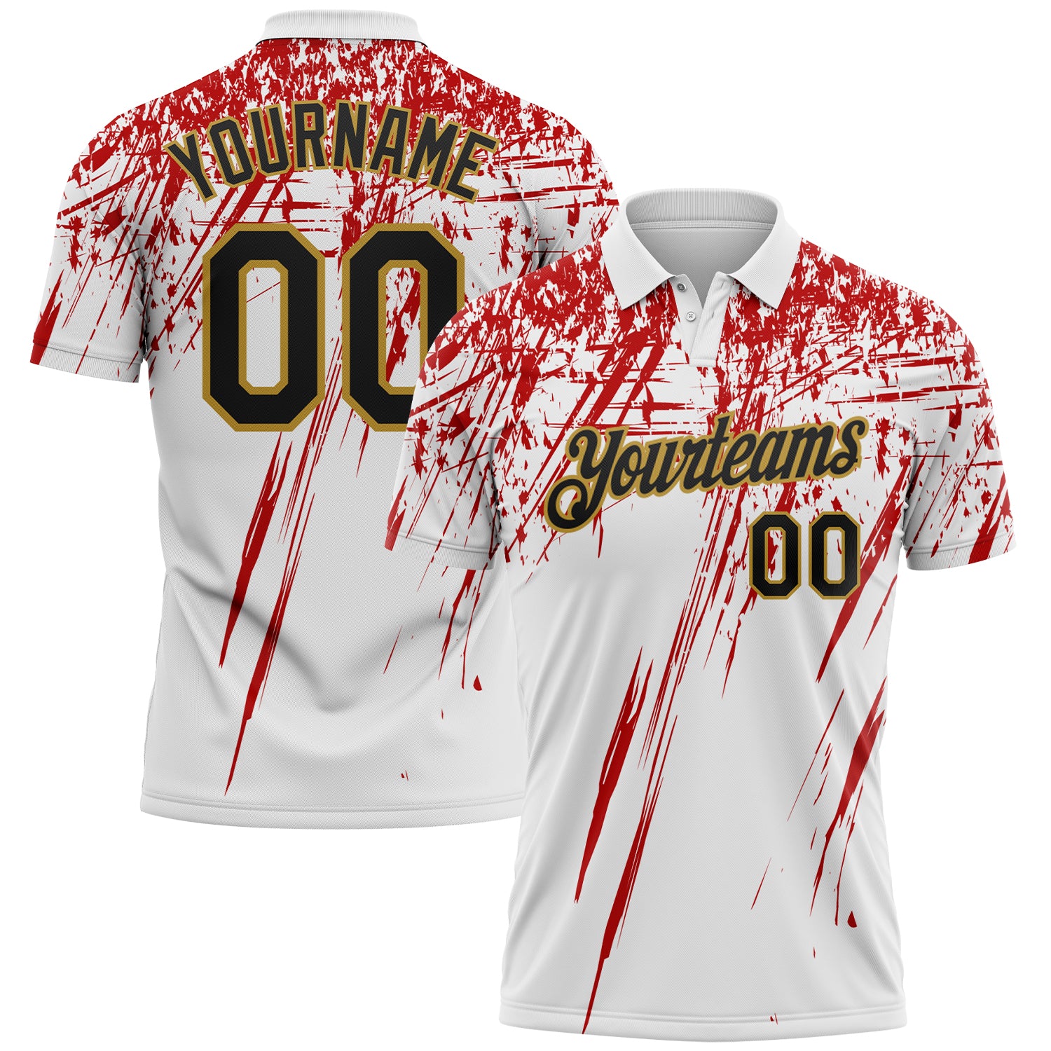 Custom White Black Red-Old Gold Distressed Scratch Brush Stroke Performance Polo Shirt