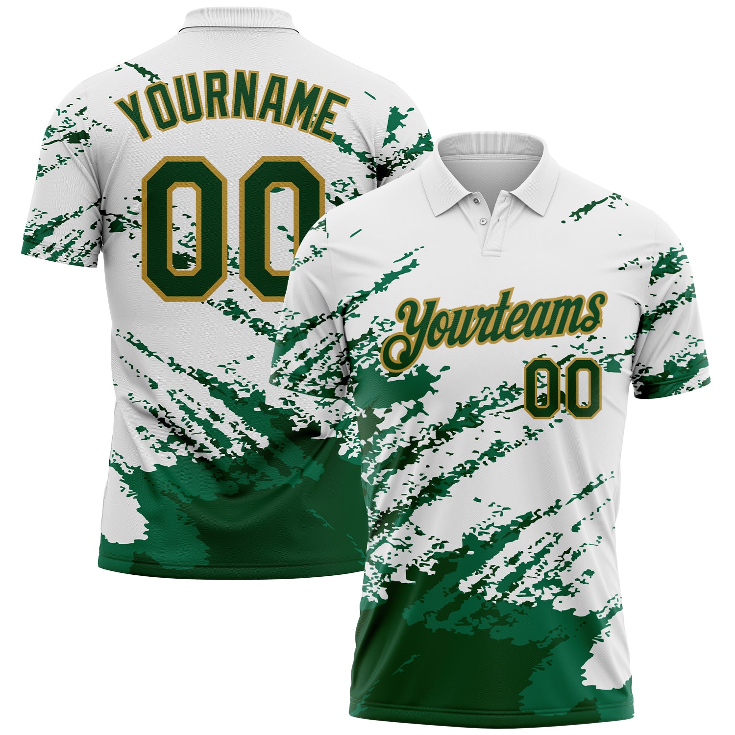 Custom White Green Kelly Green-Old Gold Brush Stroke Shatter Splatter Performance Polo Shirt