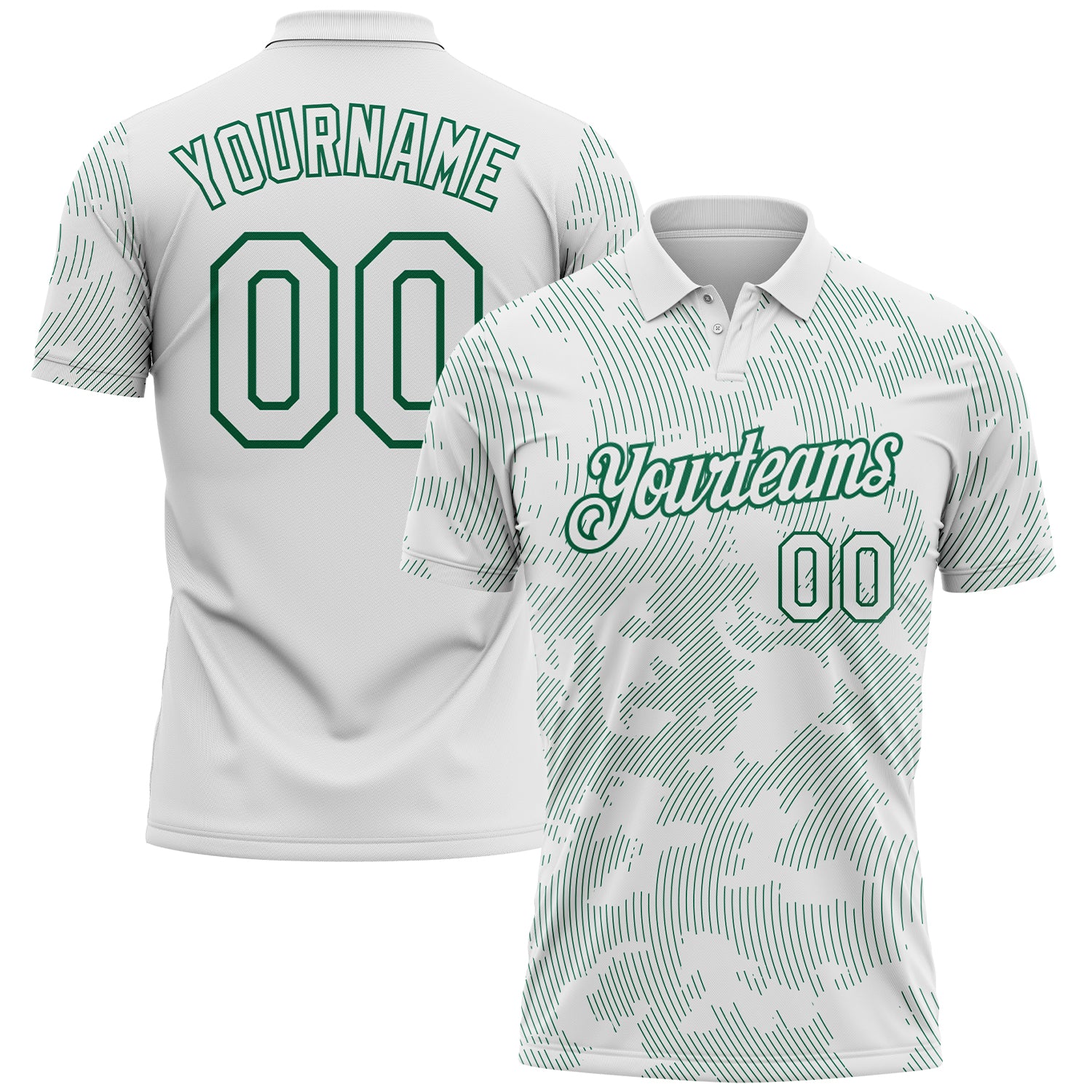 Custom White-Kelly Green 3D Pattern Abstract Fluid Line Performance Polo Shirt