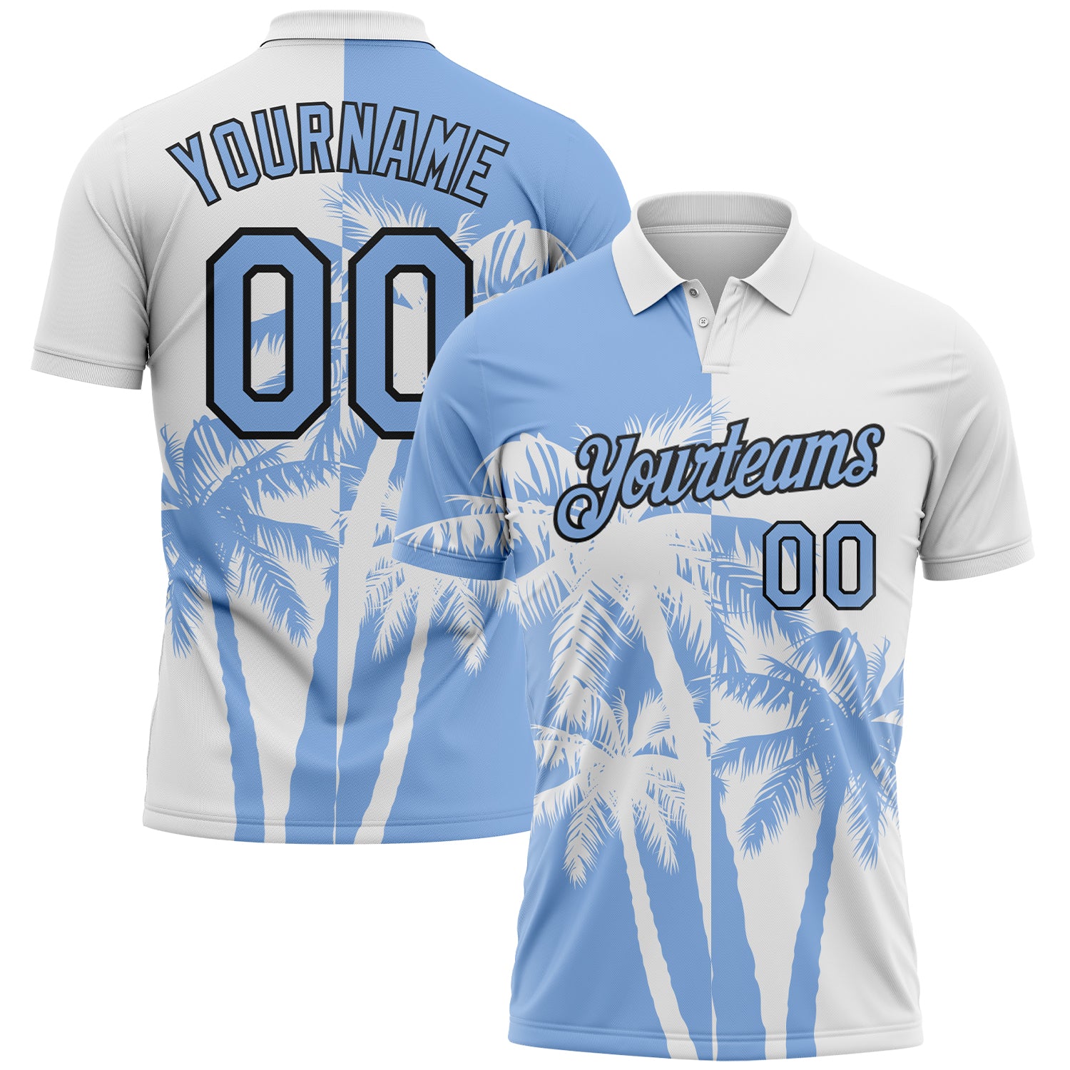 Custom White Light Blue-Black Hawaii Tropical Coastal Palm Trees Performance Polo Shirt